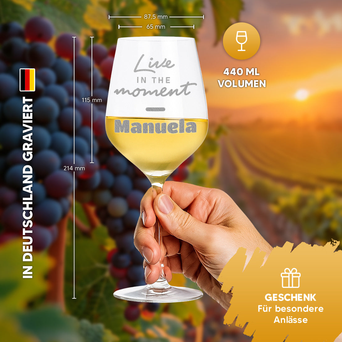 Weinglas 440 ml mit Gravur "Live in the moment"