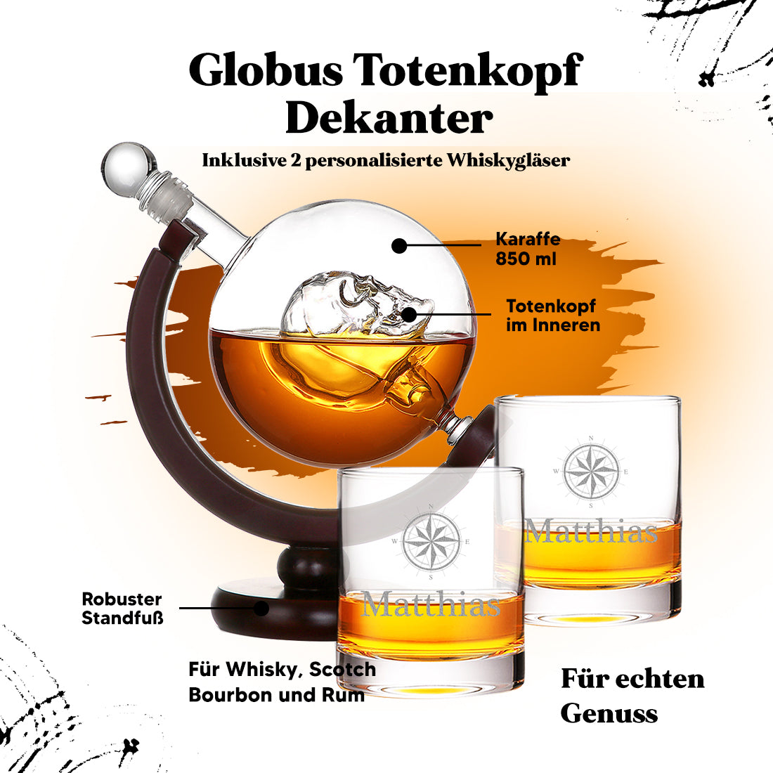 Totenkopf Skull Dekanter 850 ml + 2 Whiskygläser 320 ml im Set mit Gravur - Motiv Kompass