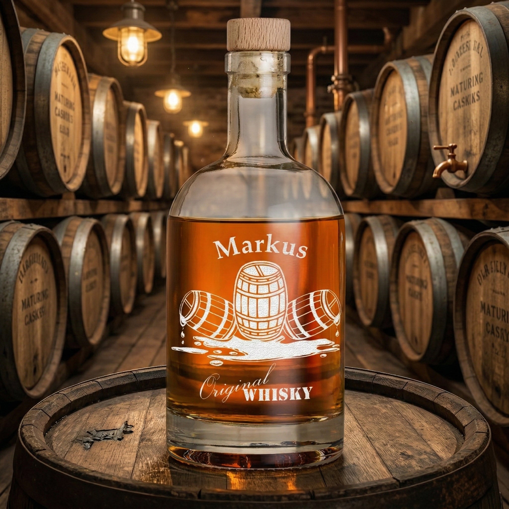 Personalisierte Glasflasche 700 ml für Whisky mit Gravur - Motiv "Whiskyfass"