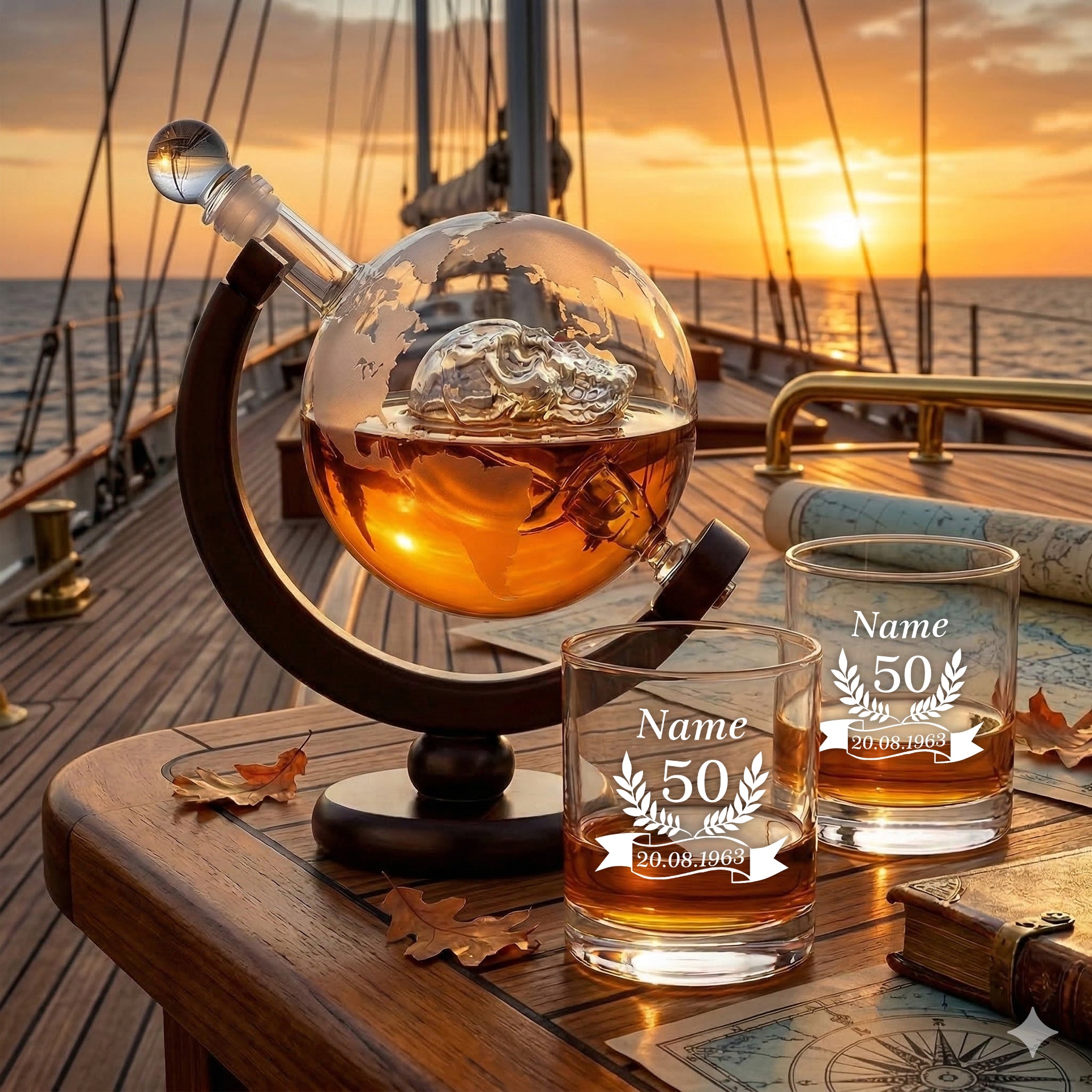 Whisky-Set Totenkopf Karaffe 850 ml & 2 Tumbler 320 ml mit Gravur - Jubiläumgsgeschenk