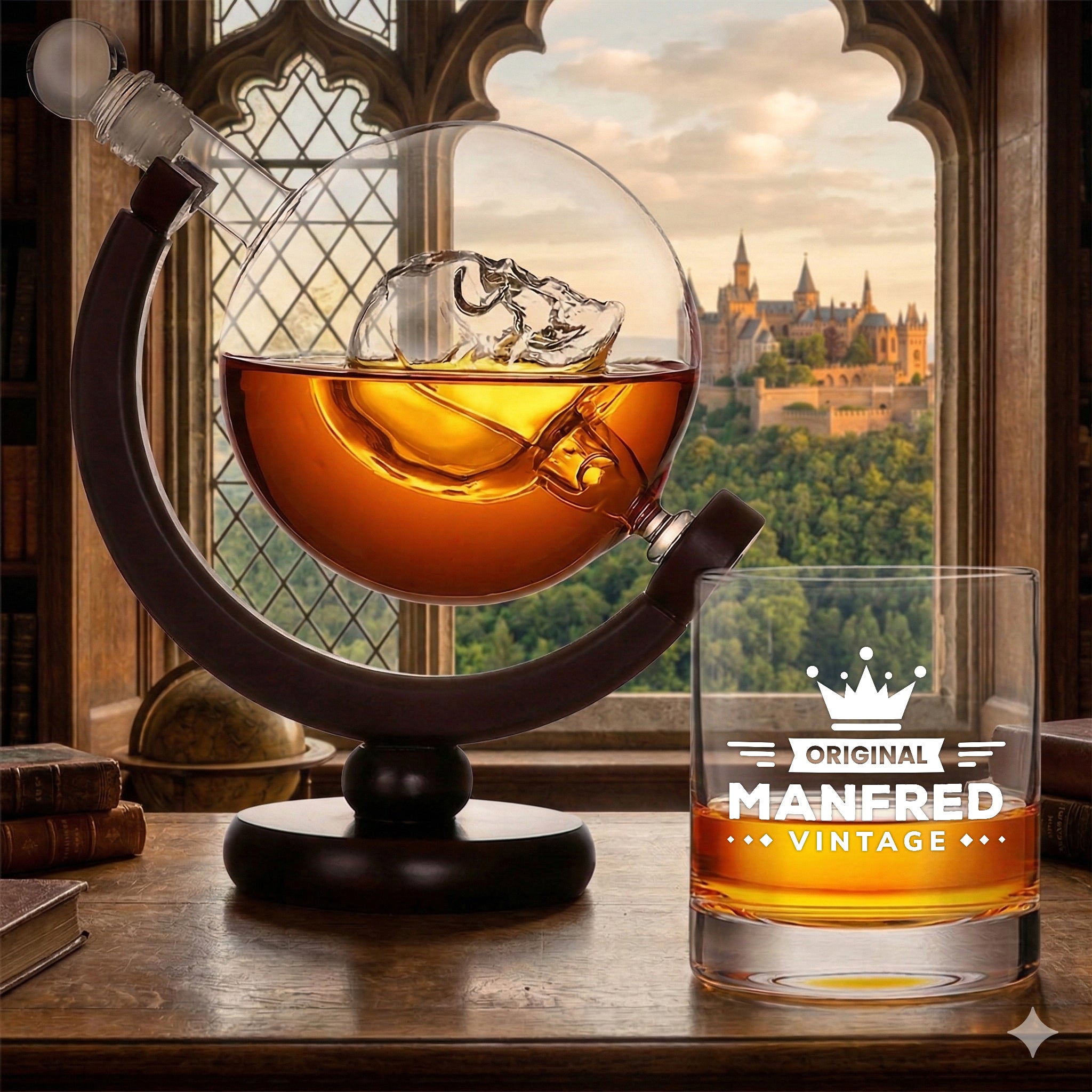 2-TLG Set Skull Dekanter 850 ml und Whiskyglas 320 ml mit Gravur - Motiv Krone