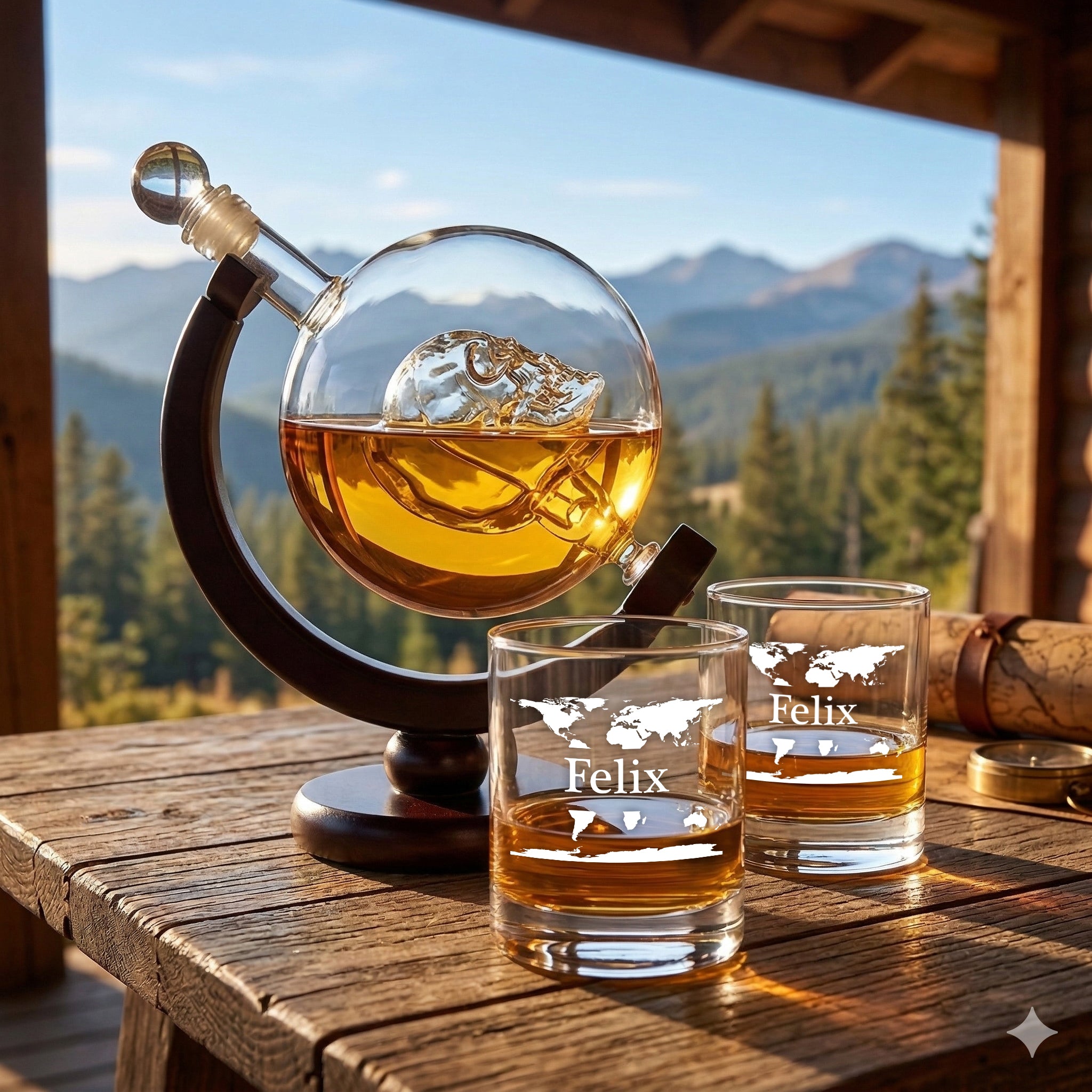 2-teiliges Whisky-Set Skull Dekanter 850 ml & Whiskygläser 320 ml - Motiv Weltkarte