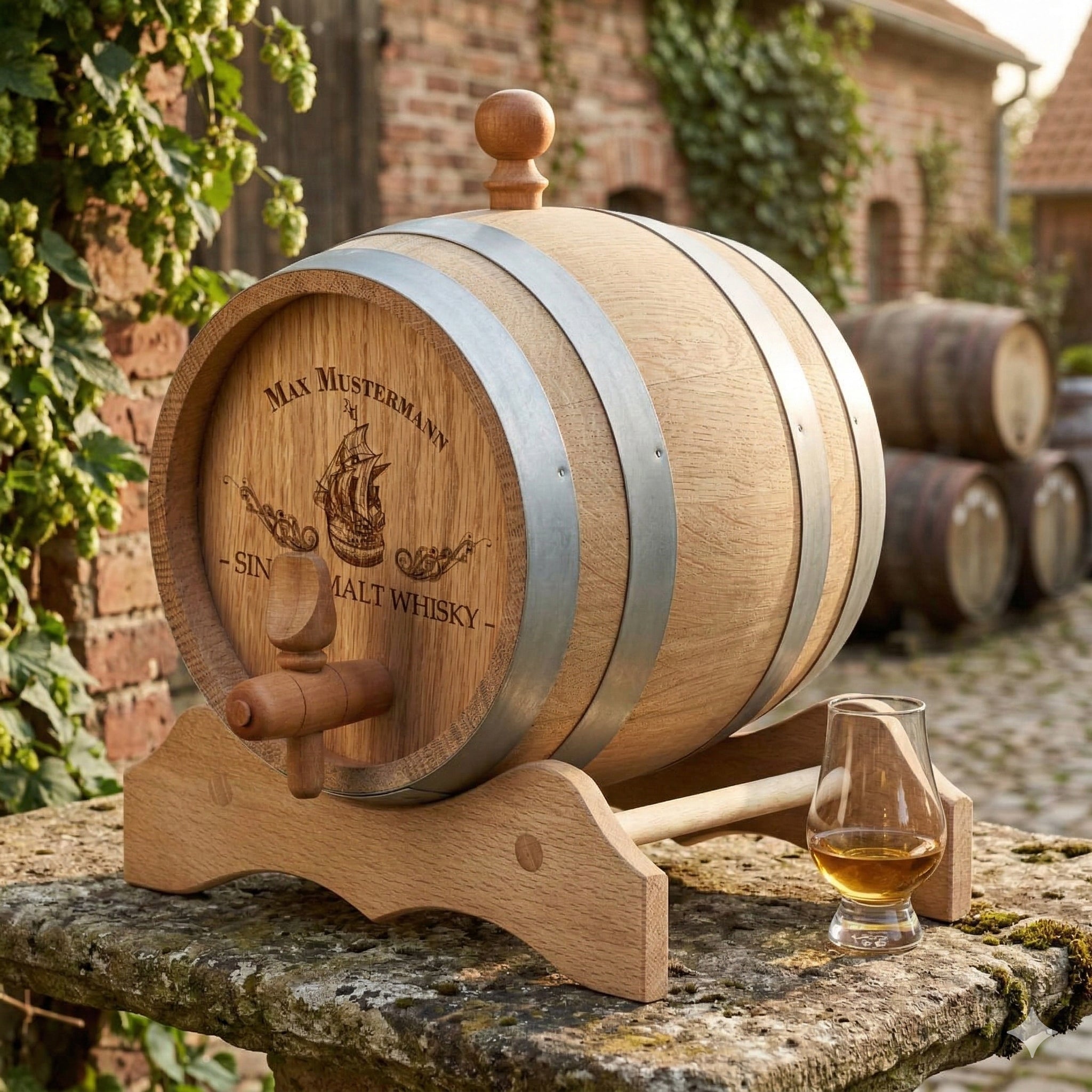 Fass aus Eichenholz für Whisky & Wein mit Gravur - Motiv Segelschiff