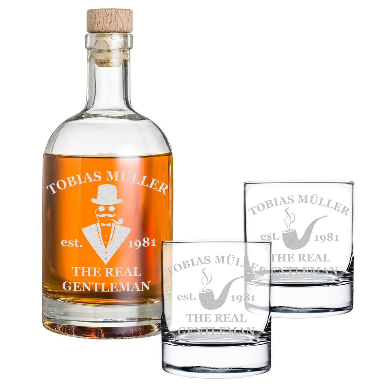 3-TLG Whisky Geschenkset Karaffe 700 ml + 2 Whiskygläser 320 ml mit Gravur - Real Gentleman