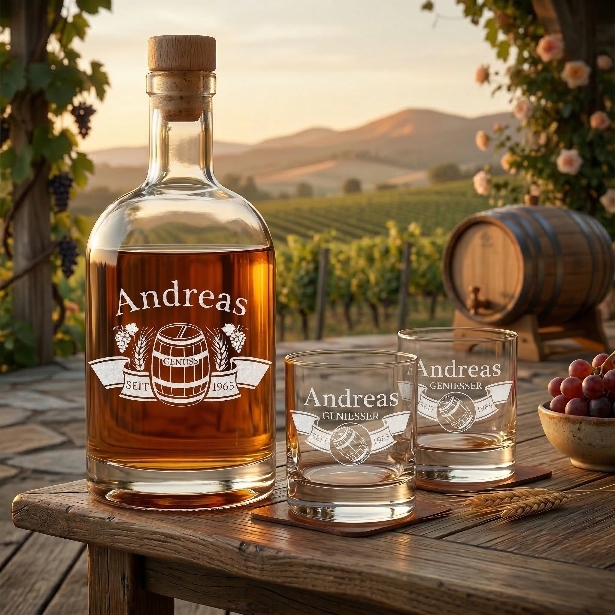 3-teiliges Whisky-Set mit personalisierter Gravur - Inhalt: Flasche 700 ml & 2 Whiskygläser 320 ml