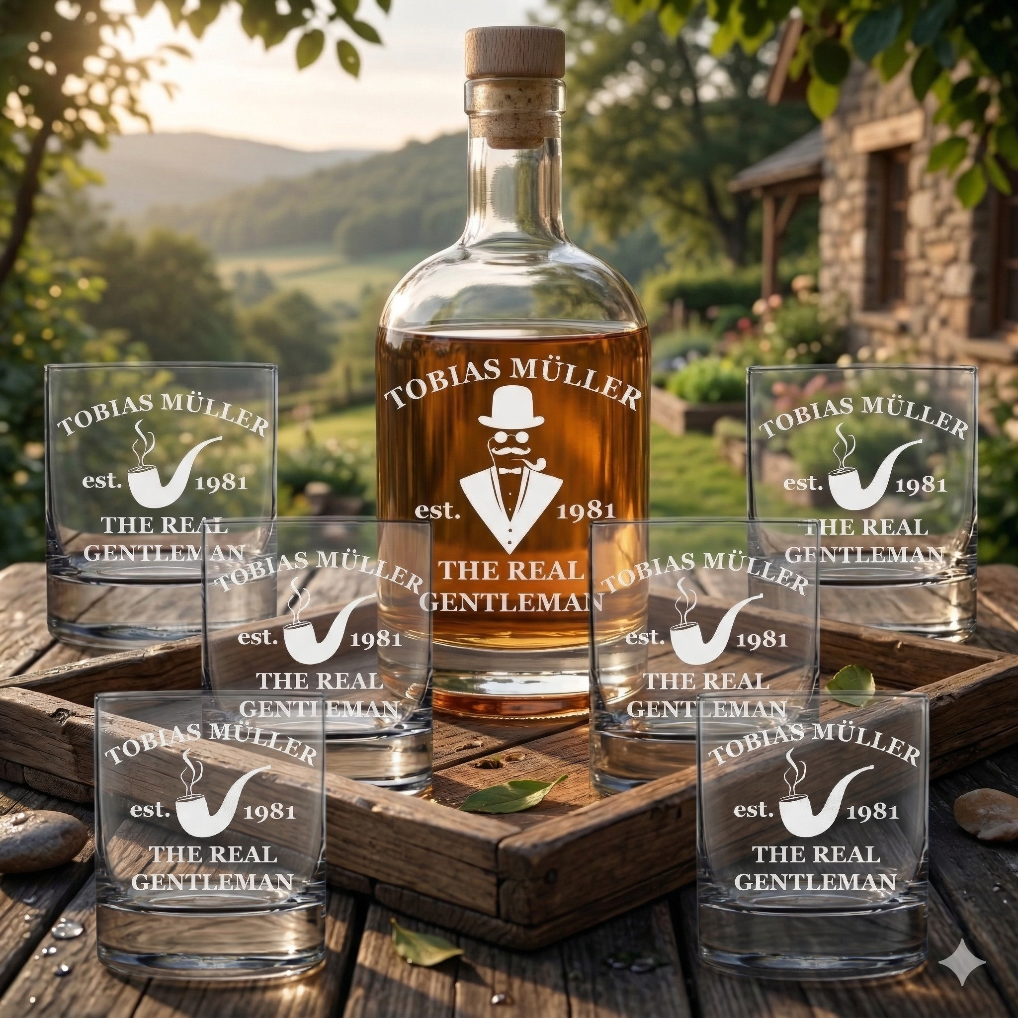 7-teiliges Whisky-Set Flasche 700 ml und 6 Gläser 320 ml mit Gravur - Motiv Real Gentleman