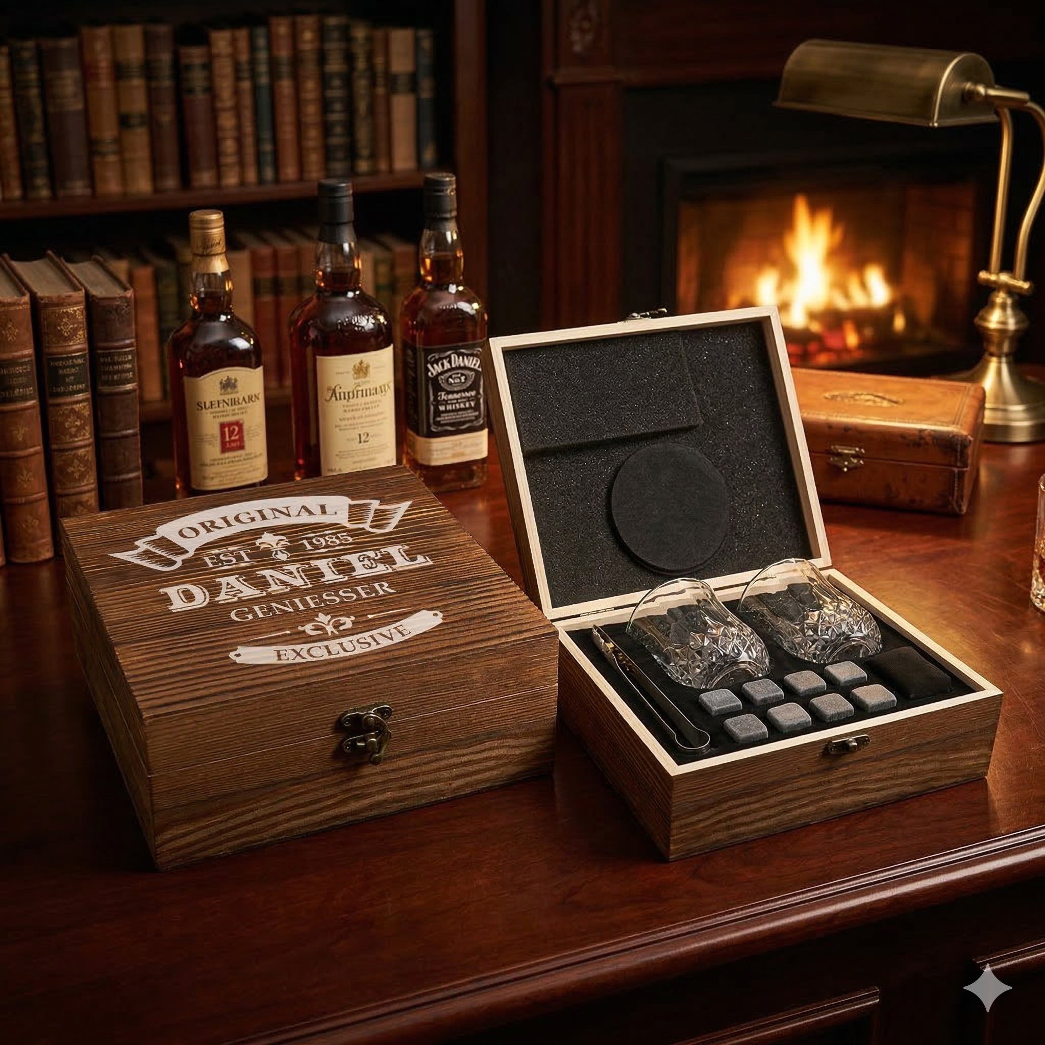 Whisky Kühlsteine Set mit Holzkiste graviert - Motiv Original Exklusive