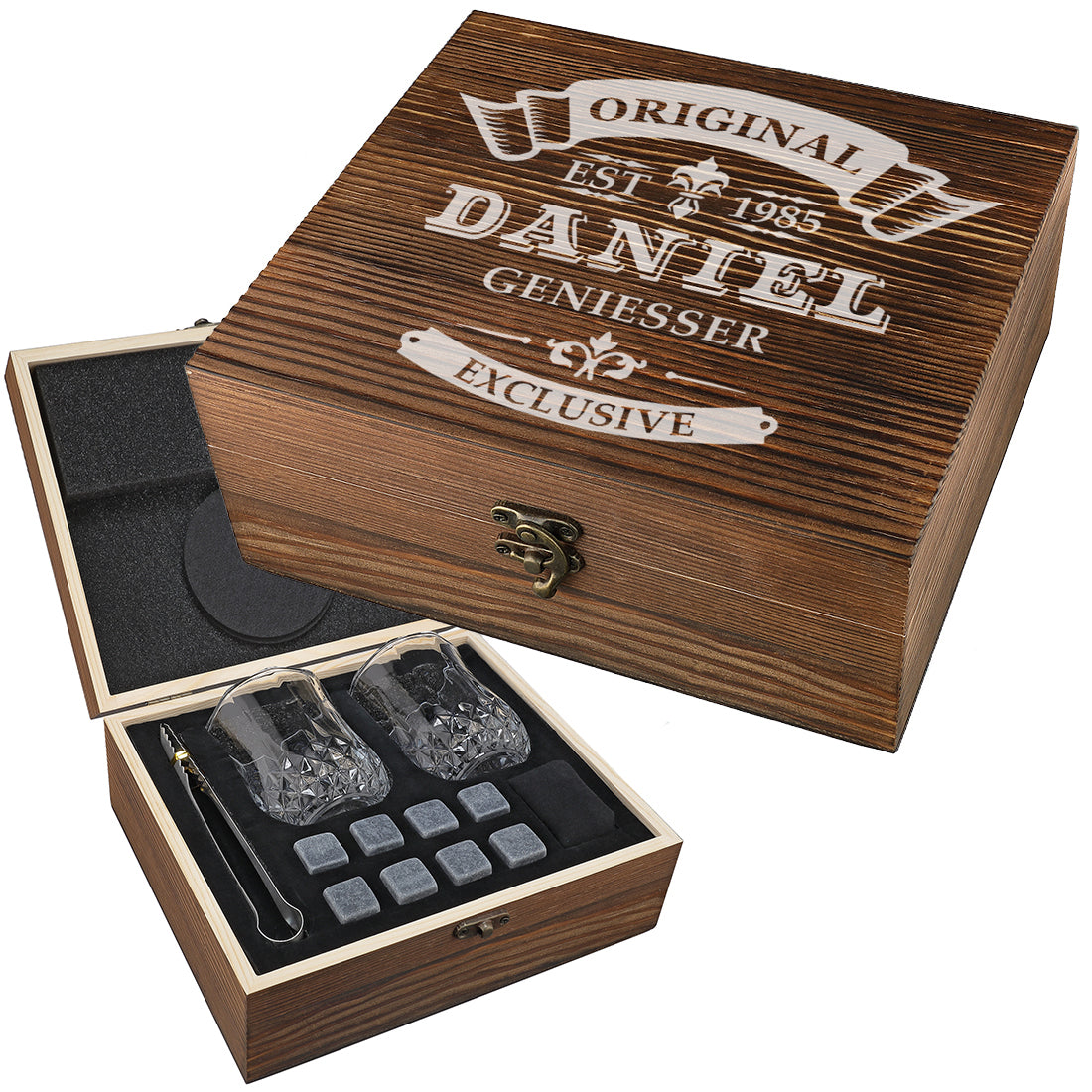 Whisky Kühlsteine Set mit Holzkiste graviert - Motiv Original Exklusive