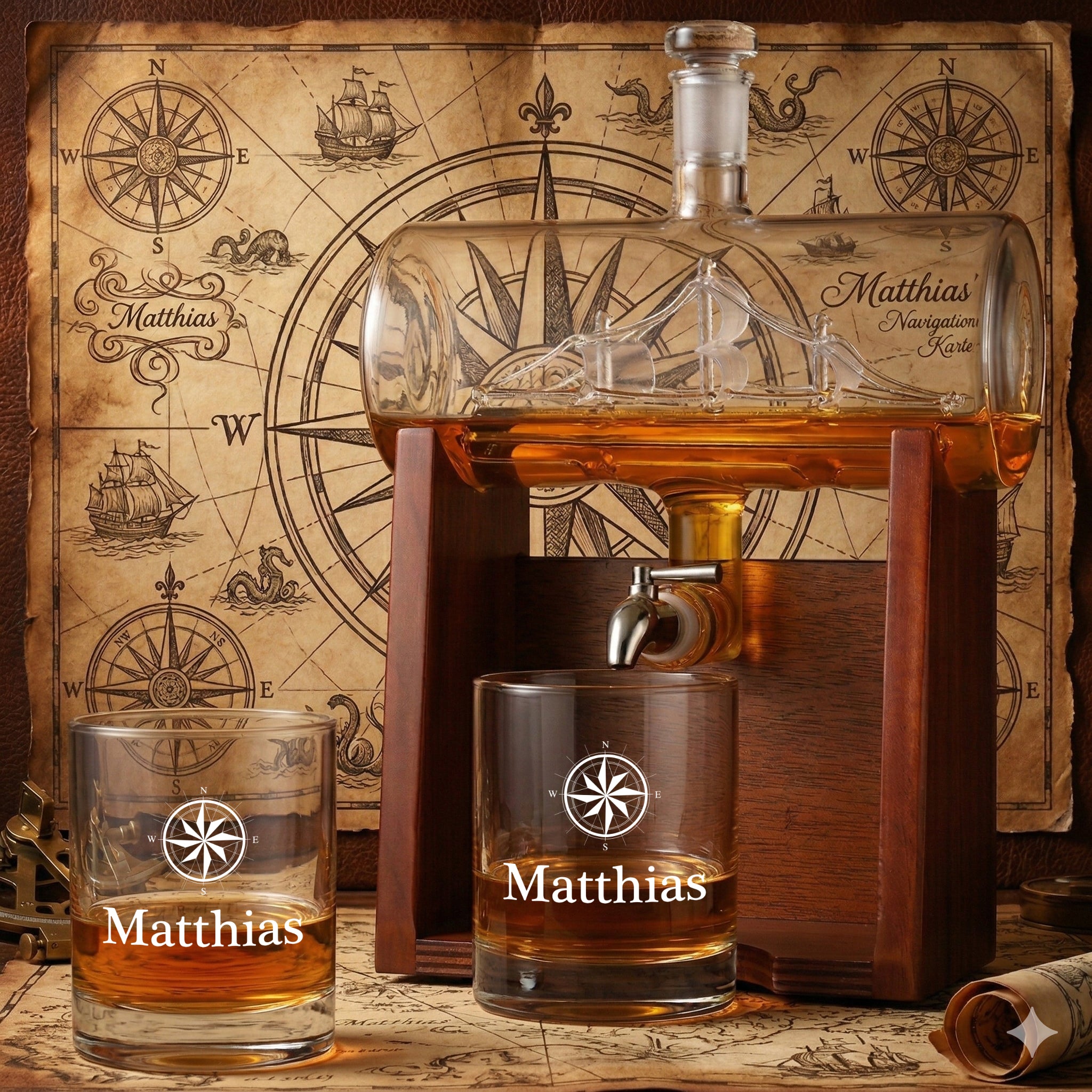 Whisky Geschenkset Karaffe 1000 ml und Gläser 320 ml - Motiv "Eleganter Kompass"