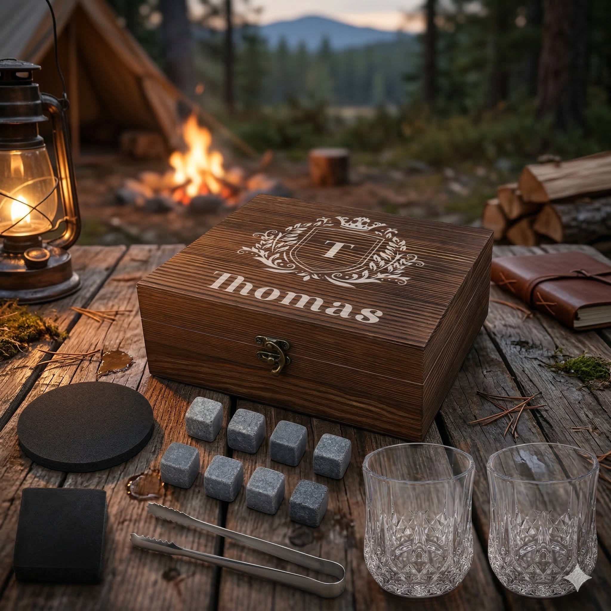 Whisky Kühlsteine Geschenkset mit gravierter Holzkiste - Motiv Wappen