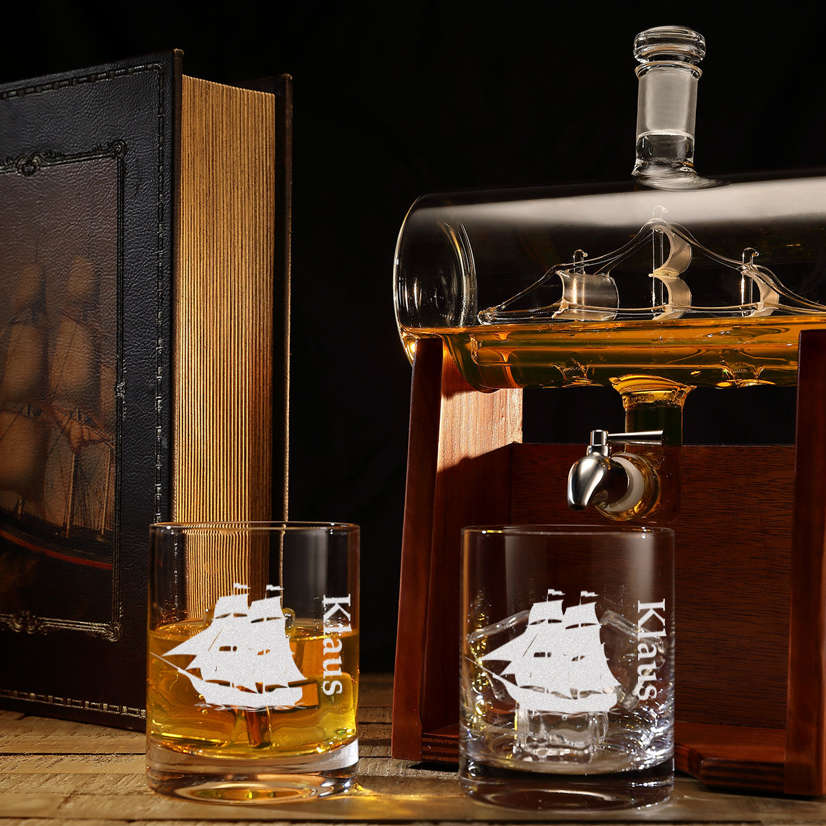 Segelschiff Dekanter mit 2 Whiskygläser 320 ml mit Gravur - Motiv "Segelschiff"