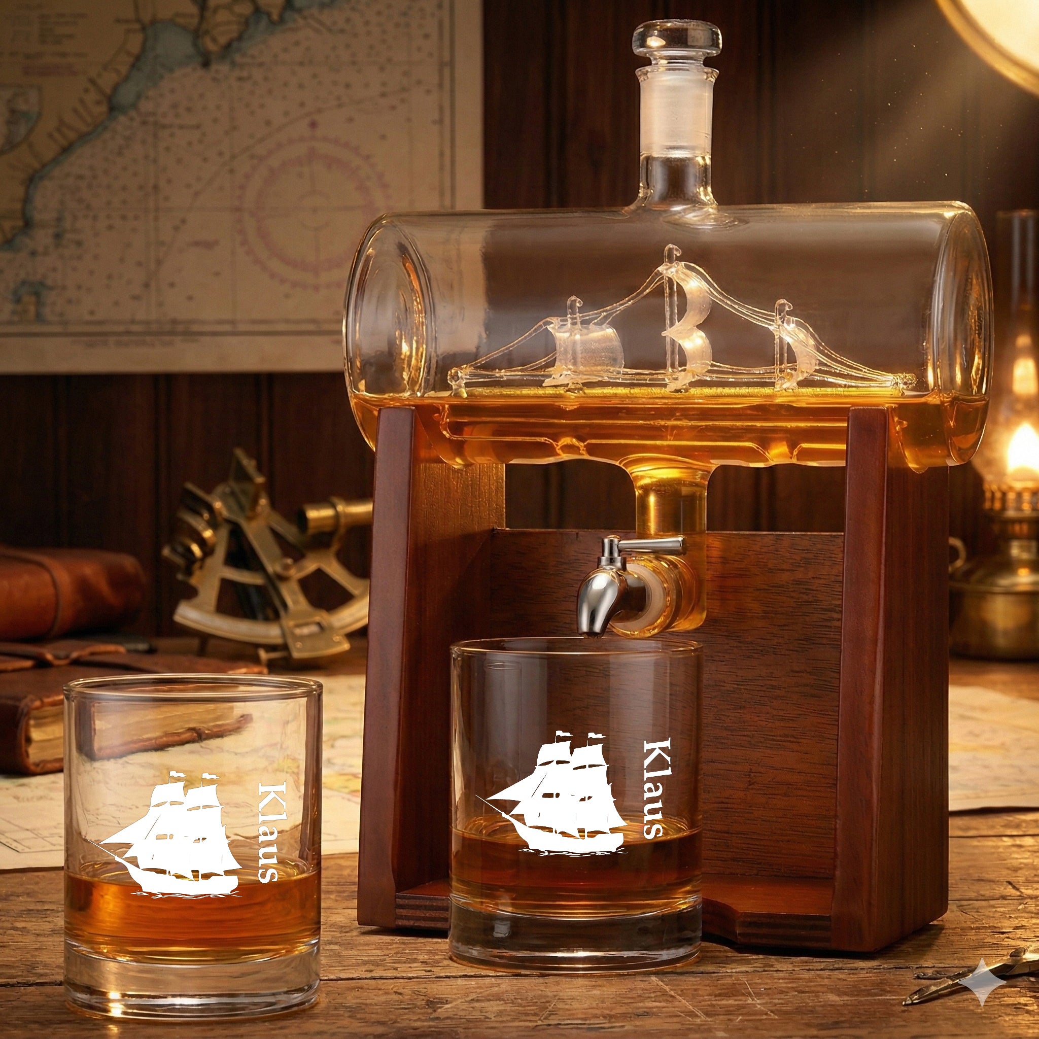 Segelschiff Dekanter mit 2 Whiskygläser 320 ml mit Gravur - Motiv "Segelschiff"