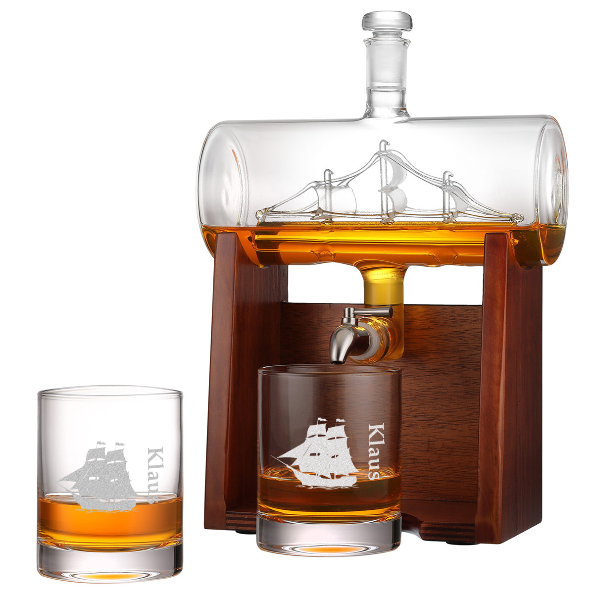 Segelschiff Dekanter mit 2 Whiskygläser 320 ml mit Gravur - Motiv "Segelschiff"