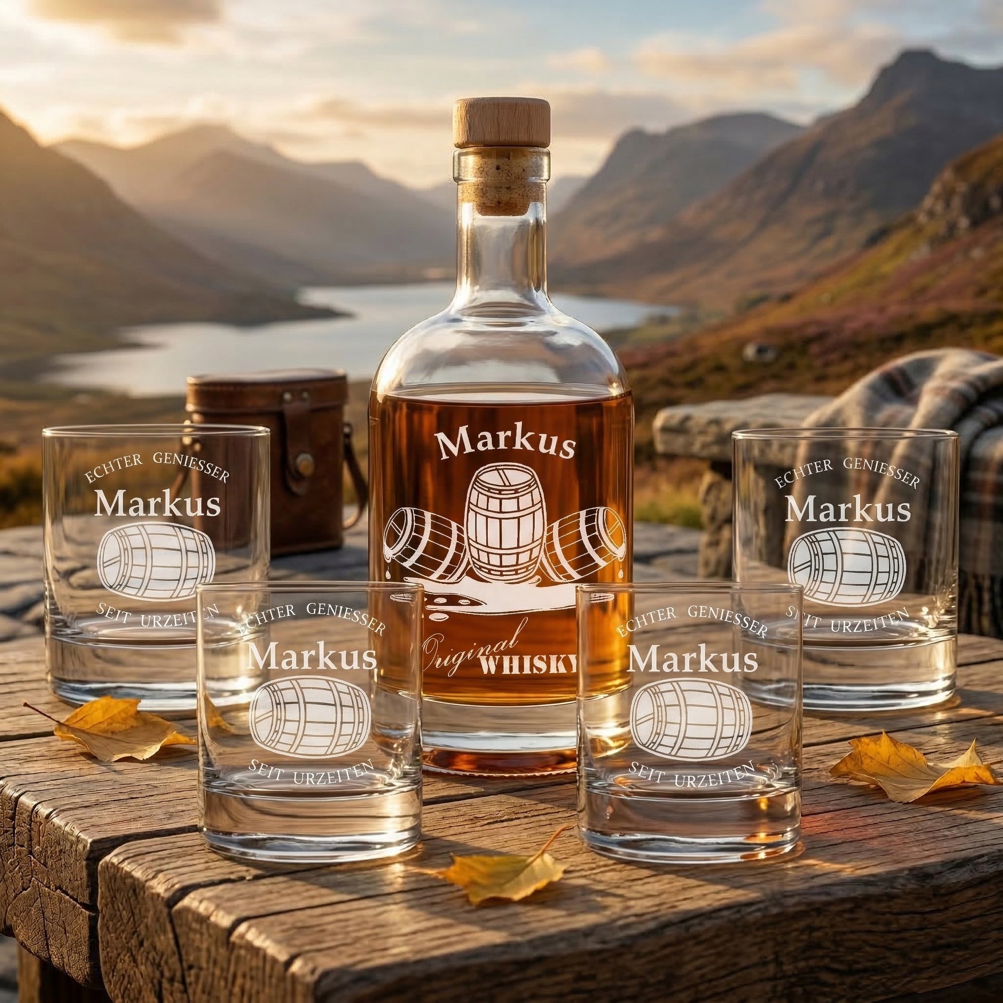 5-TLG Whisky Geschenkset mit personalisierter Gravur - Flasche 700 + 4 Whiskygläser 320 ml