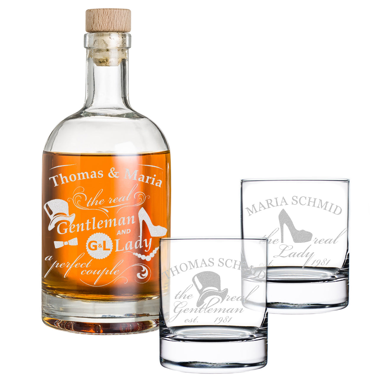 3-TLG Whisky-Set Karaffe 700 ml & Tumbler 320 ml mit Gravur - Geschenk für Paare