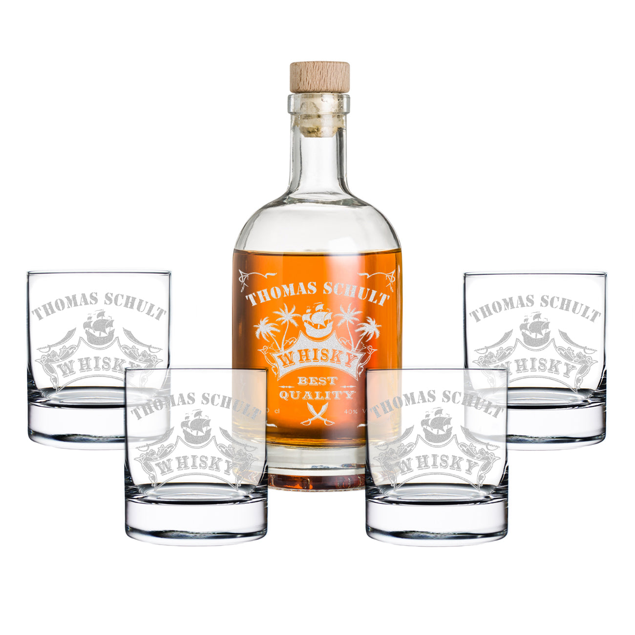 5-TLG Whisky-Set Whiskyflasche 700 ml + 4 Gläser 320 ml mit Gravur - Motiv Piratenschiff
