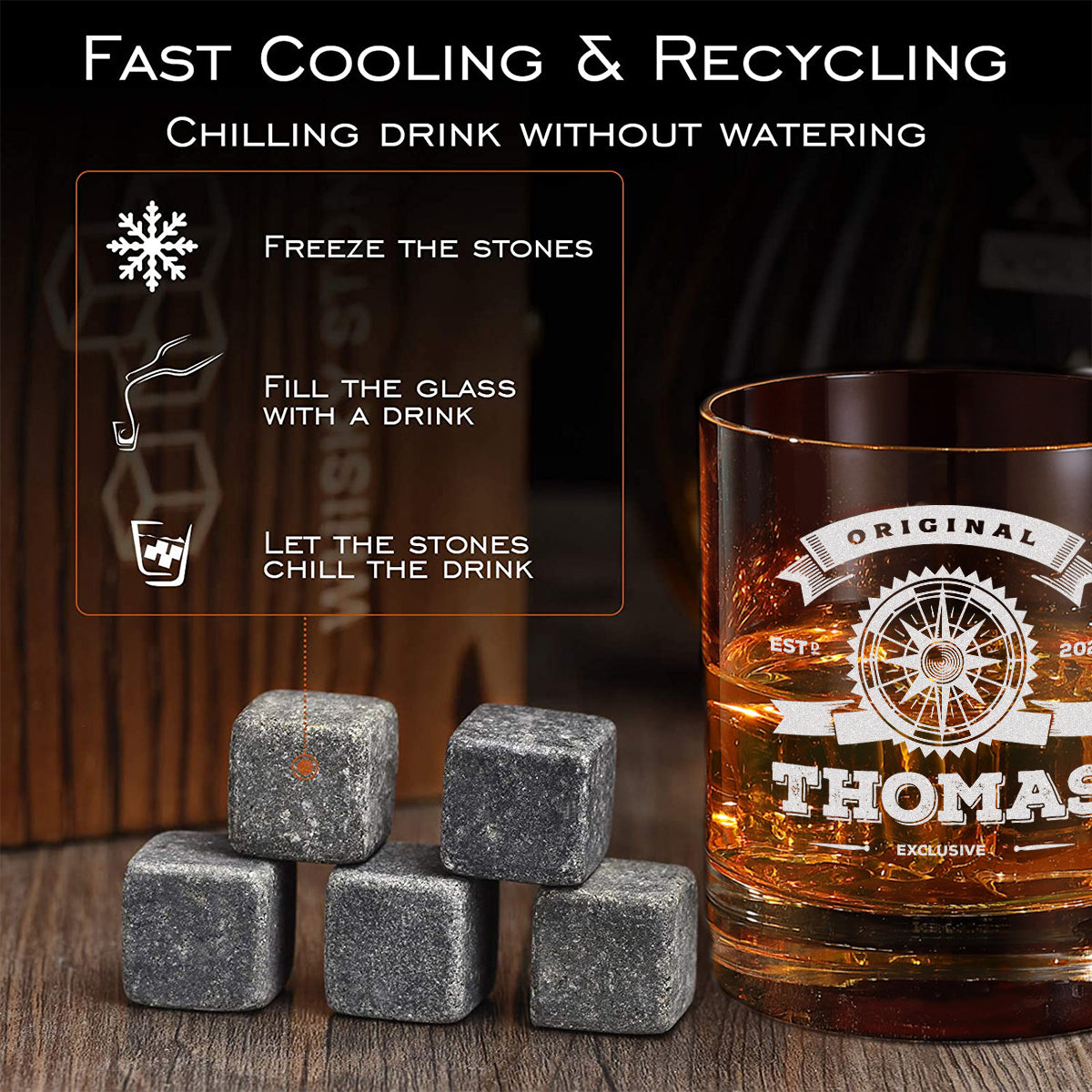 Personalsiertes Whisky-Set 5-tlg Holzkiste, Whiskyglas & Kühlsteine - Motiv "Original Exklusive"