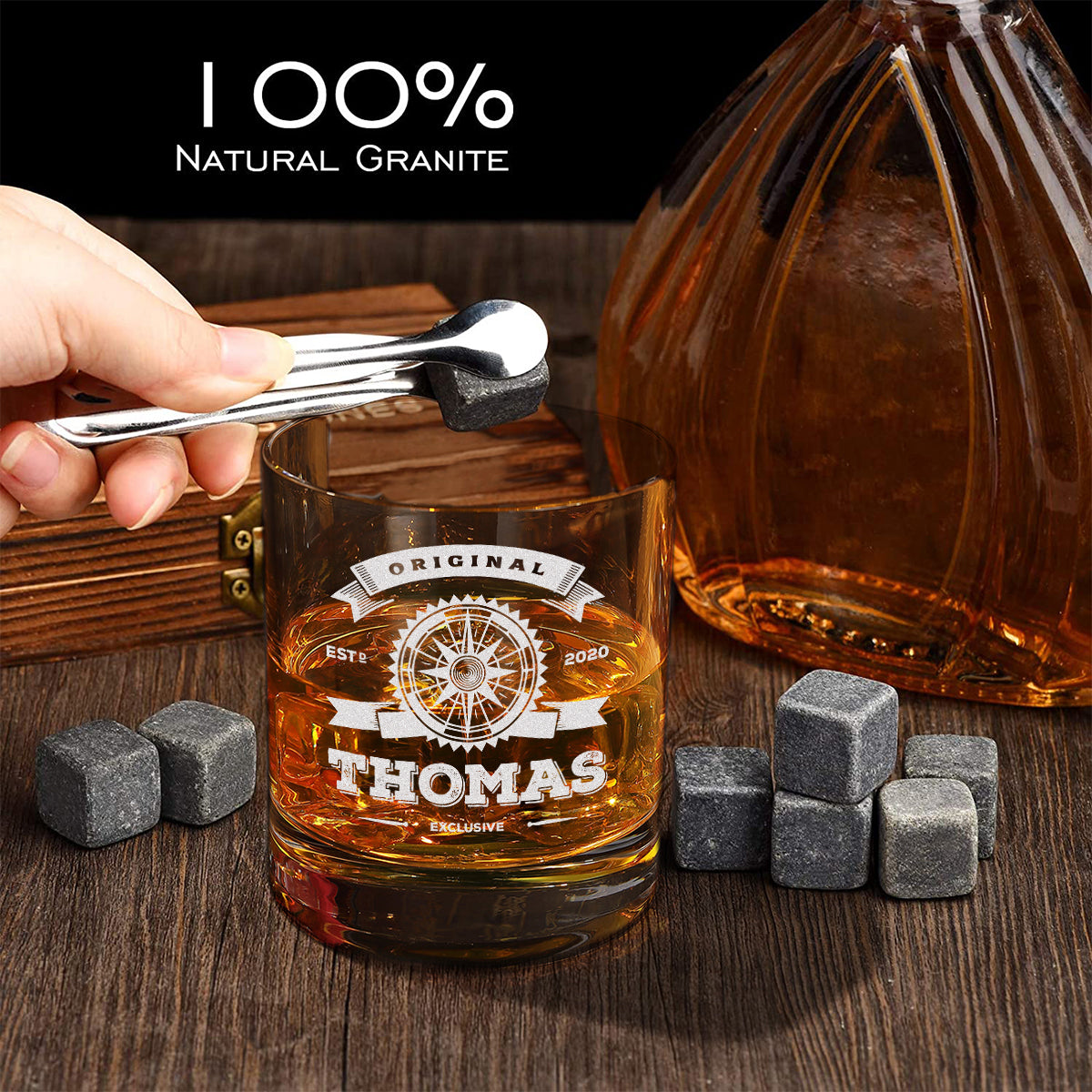 Personalsiertes Whisky-Set 5-tlg Holzkiste, Whiskyglas & Kühlsteine - Motiv "Original Exklusive"