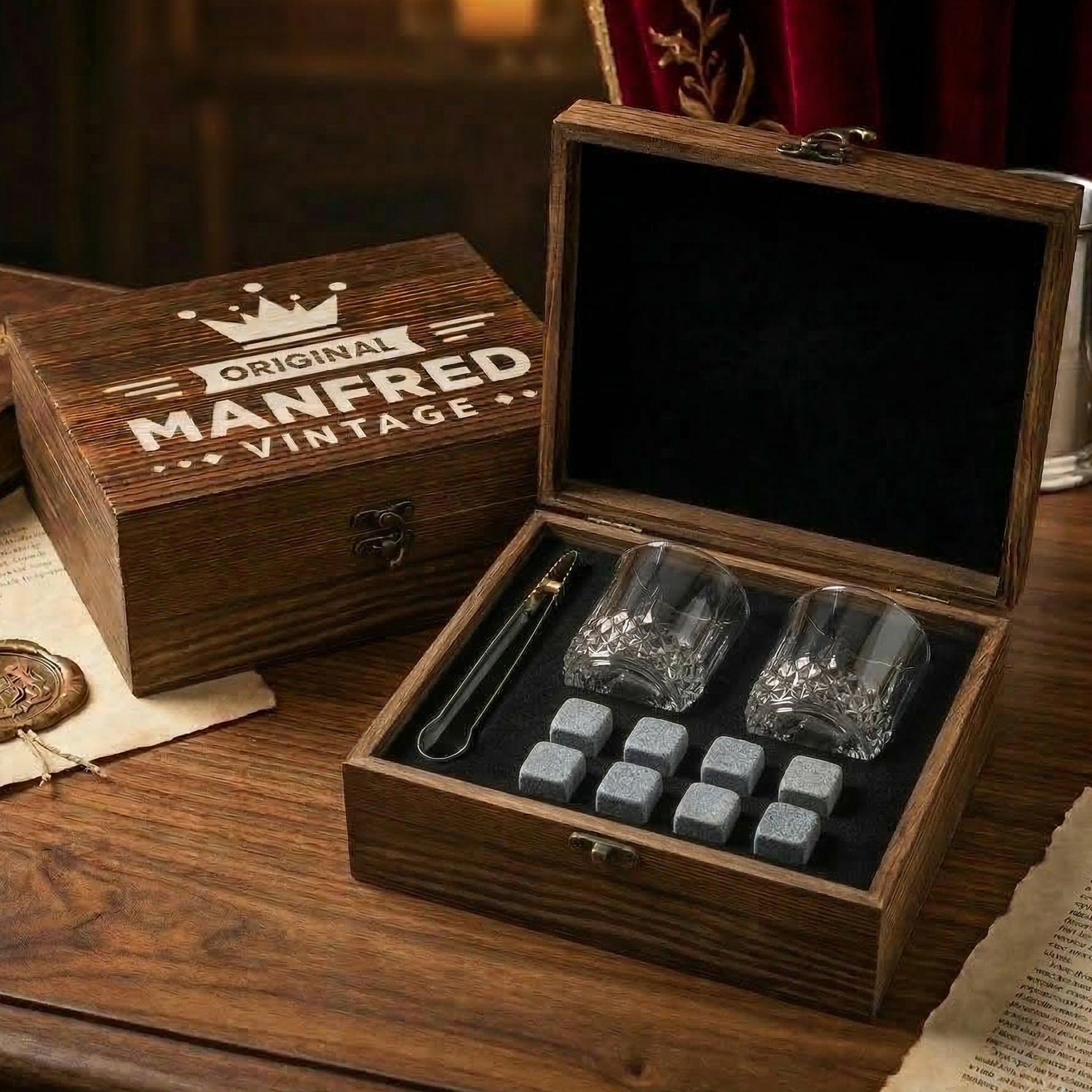 Whisky Geschenkset mit Kühlsteine und gravierter Holzkiste - Motiv Original Vintage