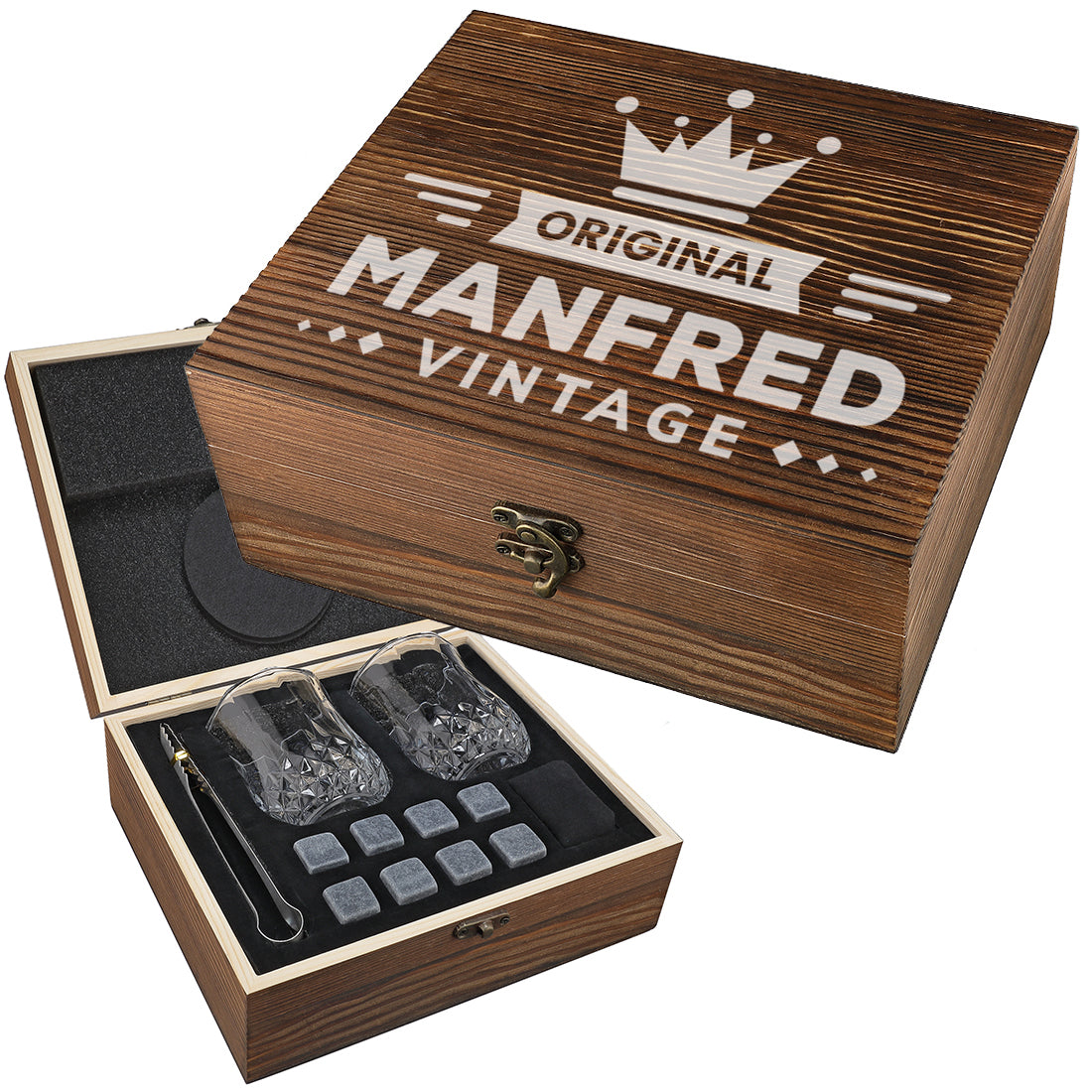 Whisky Geschenkset mit Kühlsteine und gravierter Holzkiste - Motiv Original Vintage