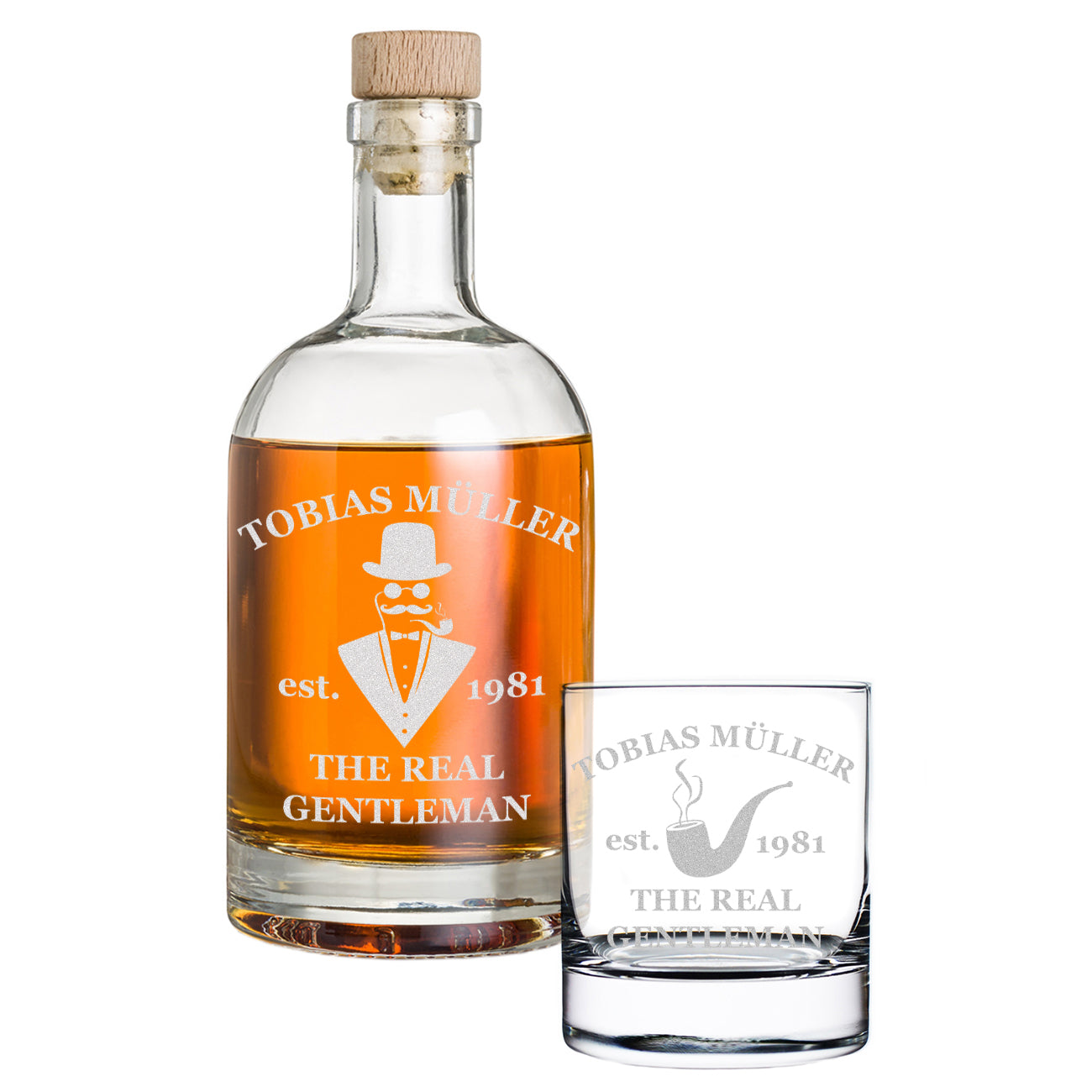 Whisky Flasche 700 ml & Tumbler 320 ml als 2er-Set personalisiert - Motiv Real Gentleman
