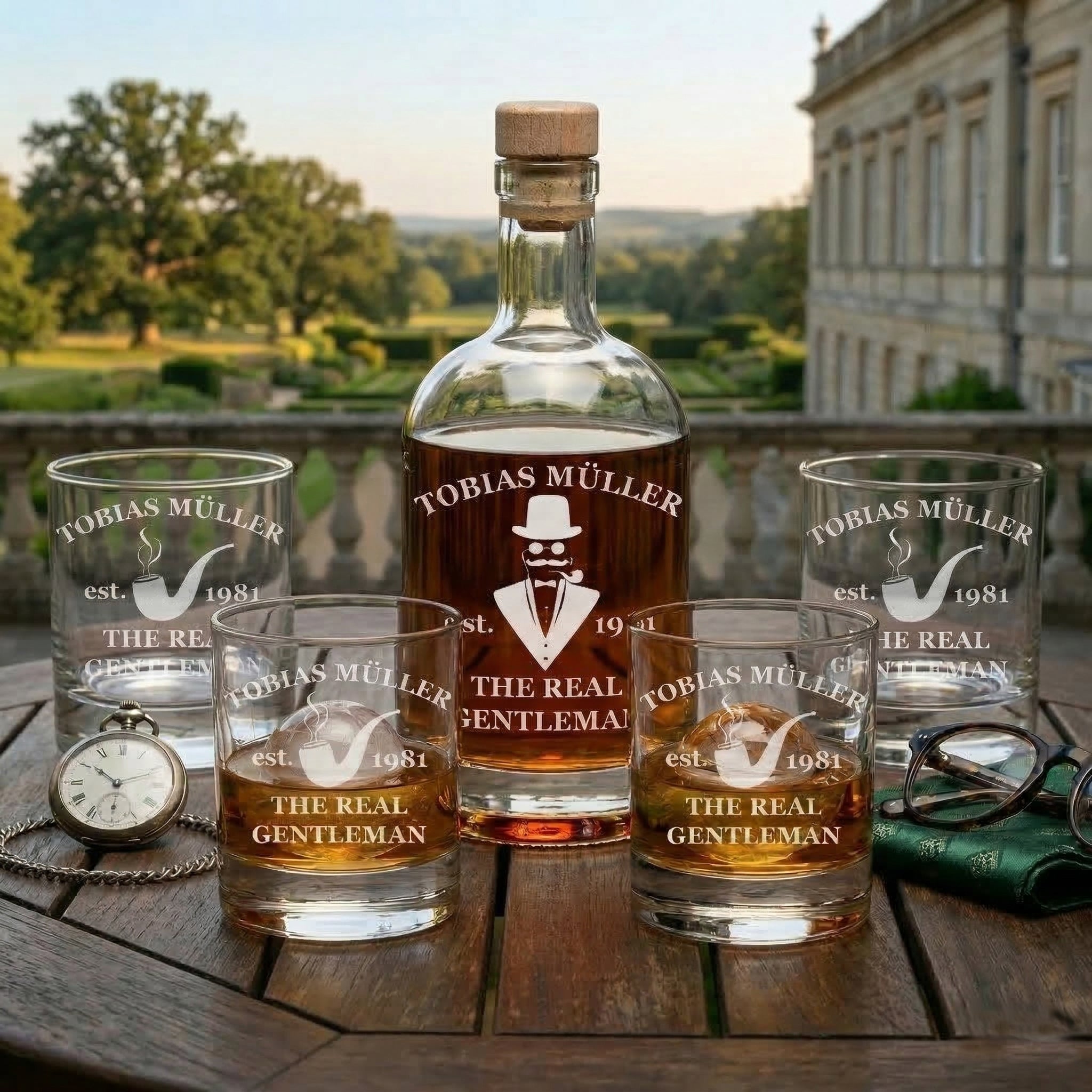 Whisky Geschenkset mit Karaffe 700 ml & 4 Gläser 320 ml - Motiv Real Gentleman