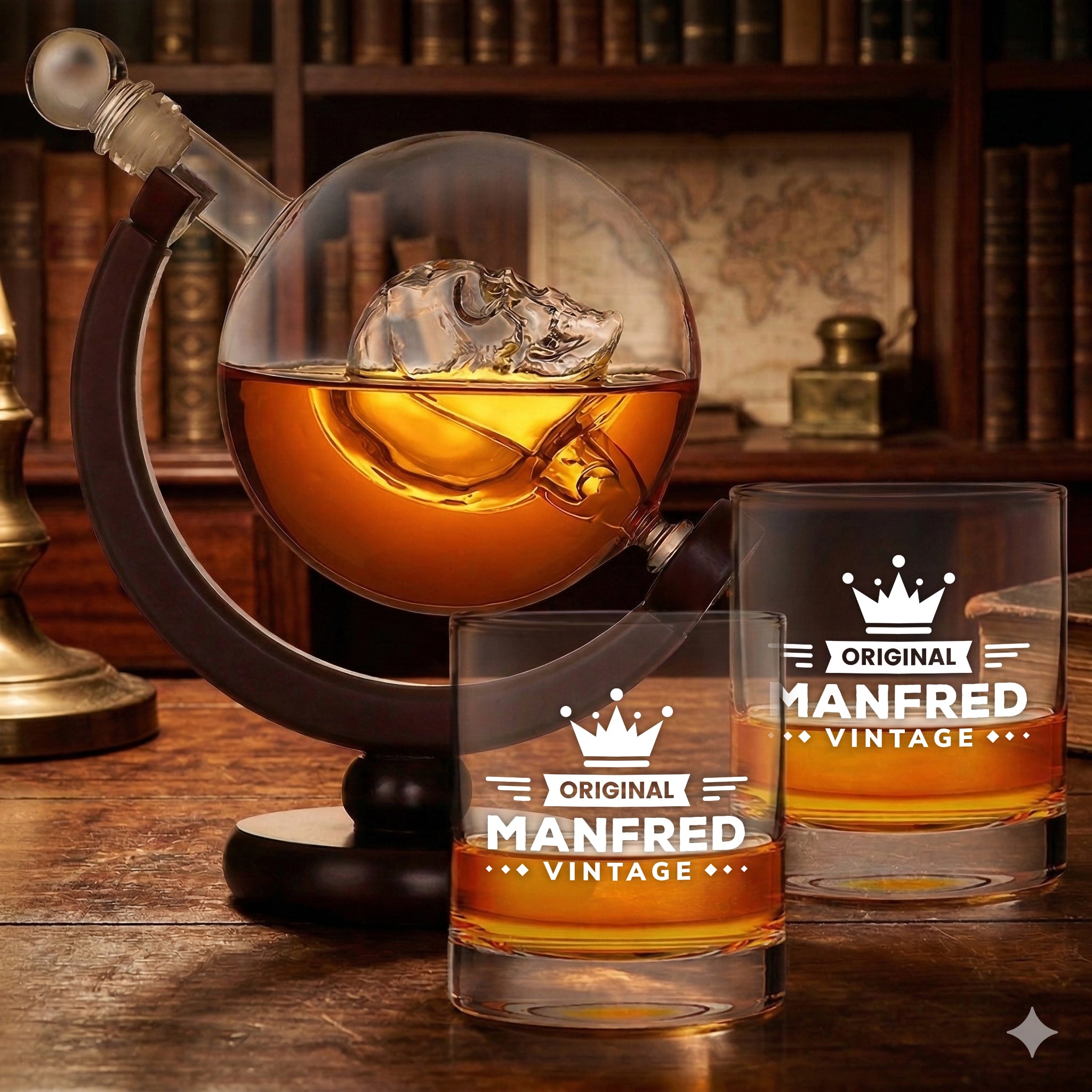 Whisky Skull Dekanter 850 ml und 2 Whiskygläser 320 ml mit Gravur - Motiv Krone