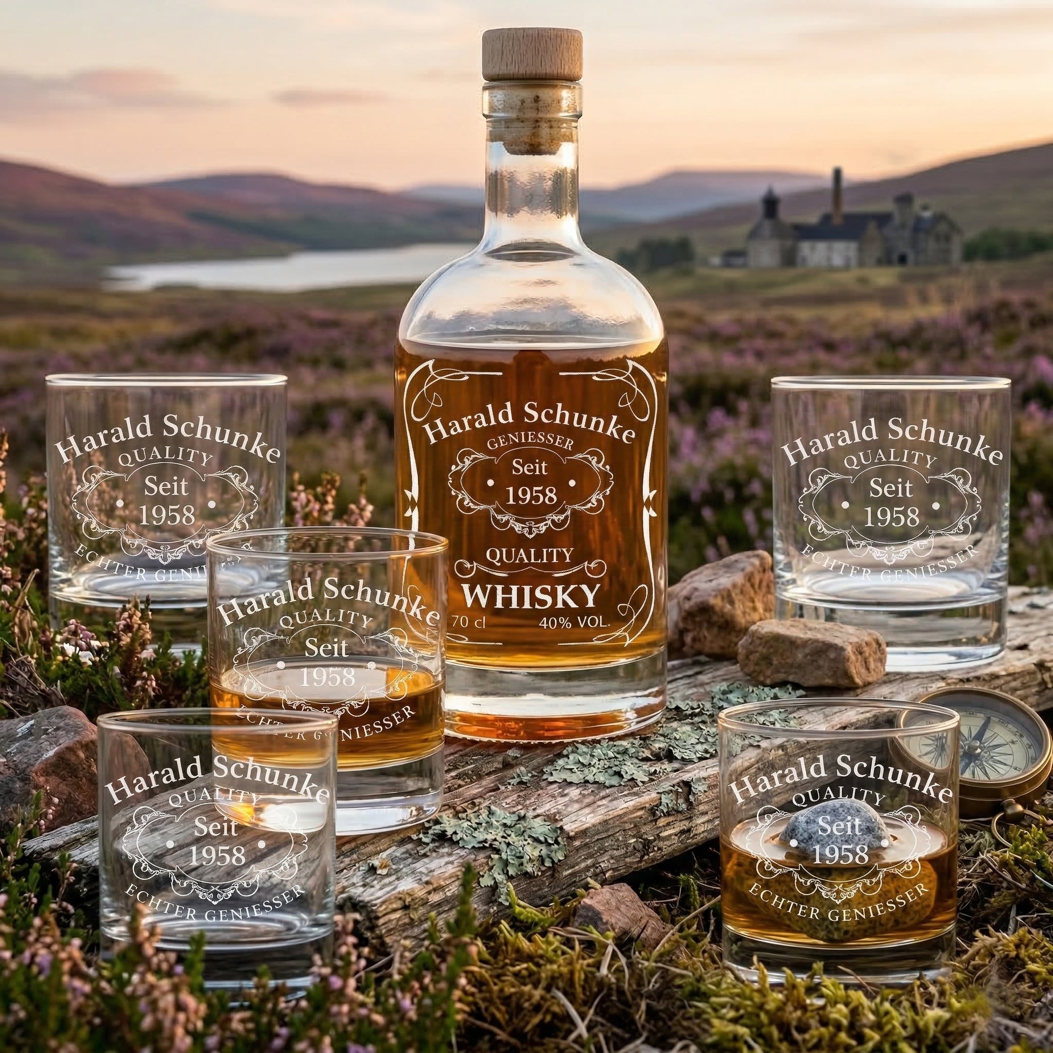 Whisky-Set Flasche 700 ml + 6 Whiskygläser 320 ml mit Gravur - Motiv Quality Whisky
