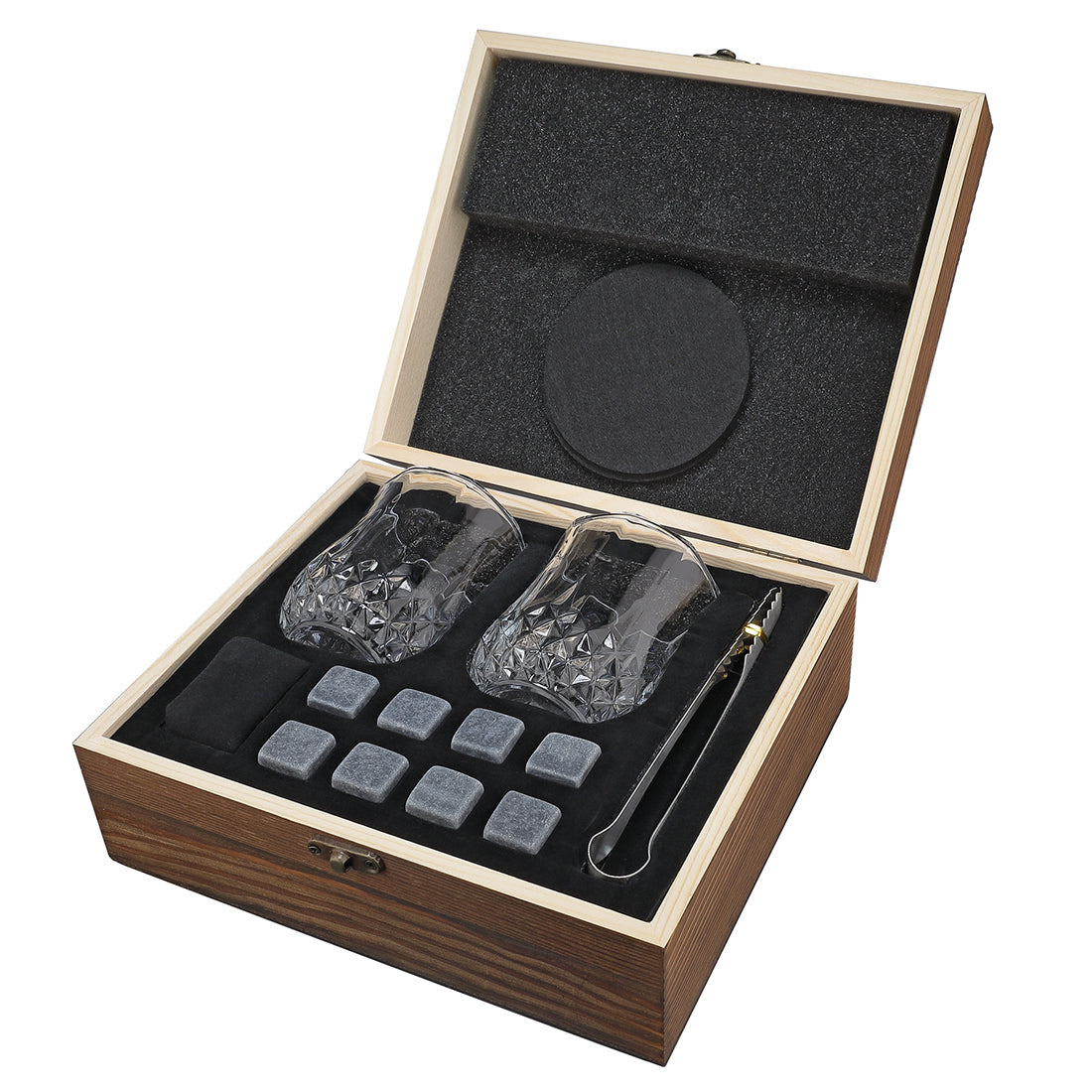 Mehrteiliges Whisky-Set mit Whiskygläser, Kühlsteine und Holzkiste mit Gravur - Motiv Ornament