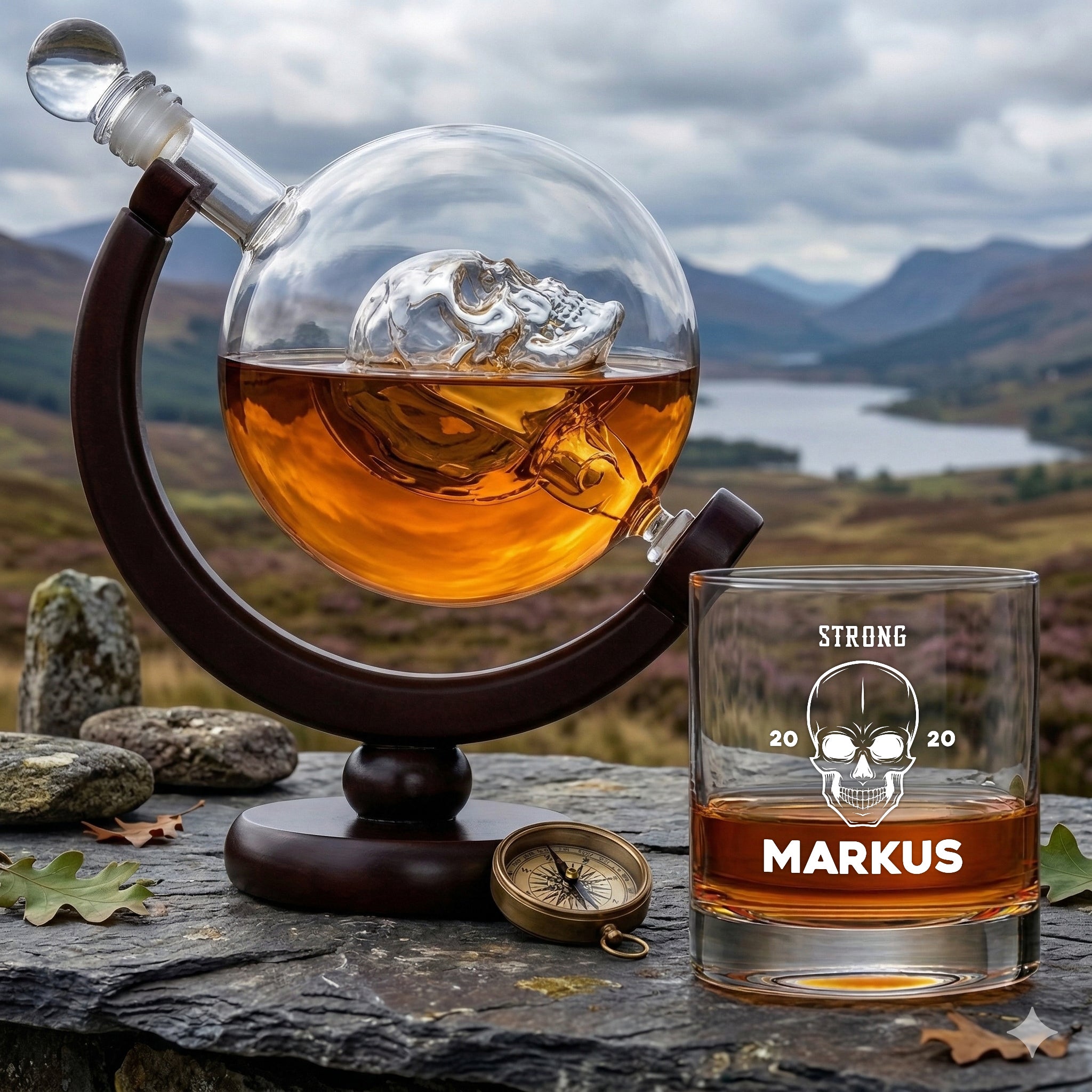 Whisky Geschenkset Skull Dekanter 850 ml + Whiskyglas 320 ml mit Gravur - Motiv Totenkopf