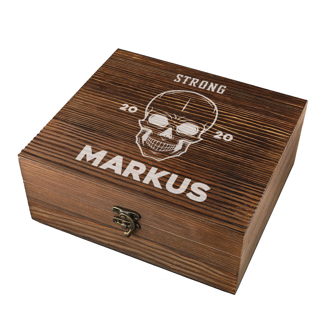 Whisky-Set mit Kühlsteine, Whiskygläser, Untersetzer und Holzkiste mit Gravur - Motiv Totenkopf