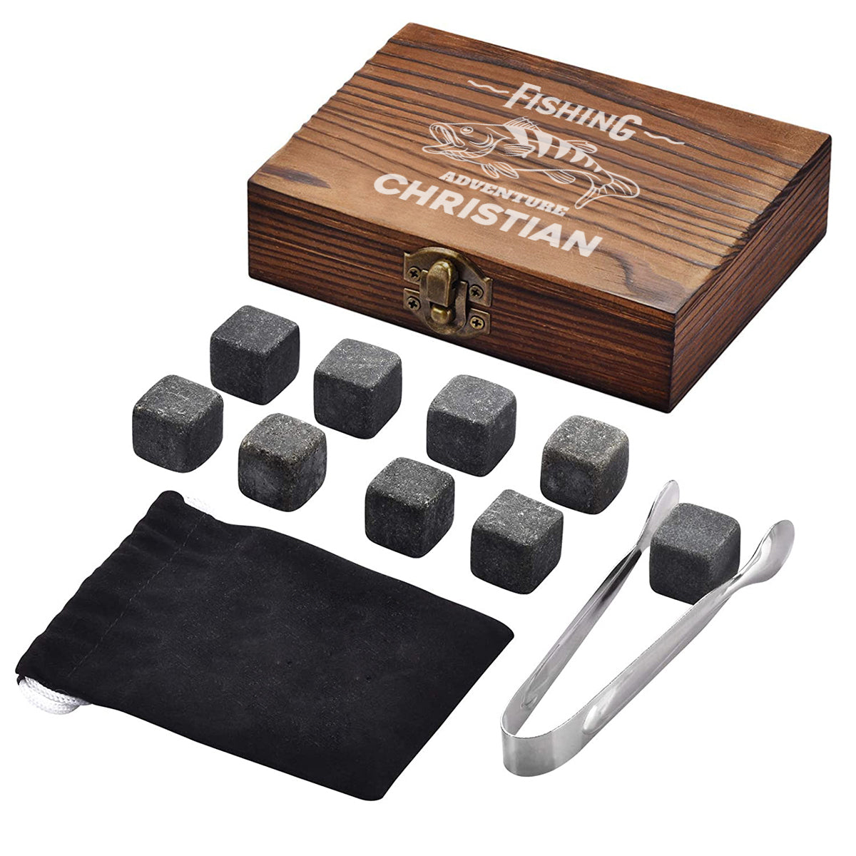 Whisky-Set 5-teilig Holzkiste, Whiskyglas und Kühlsteine - Motiv "Fisch"