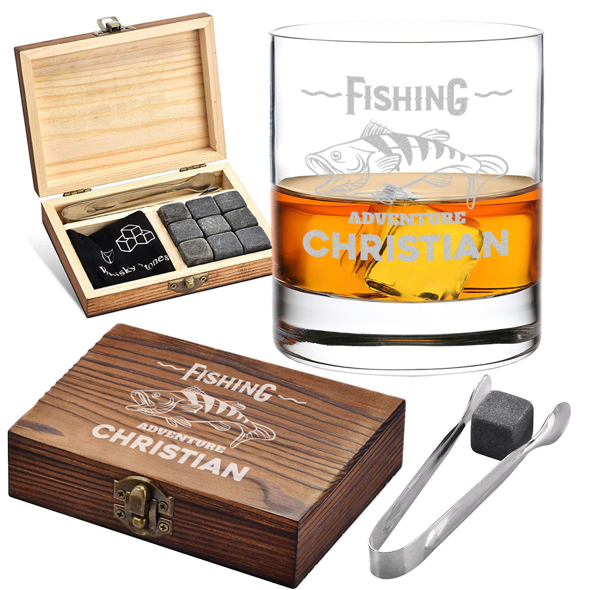 Whisky-Set 5-teilig Holzkiste, Whiskyglas und Kühlsteine - Motiv "Fisch"