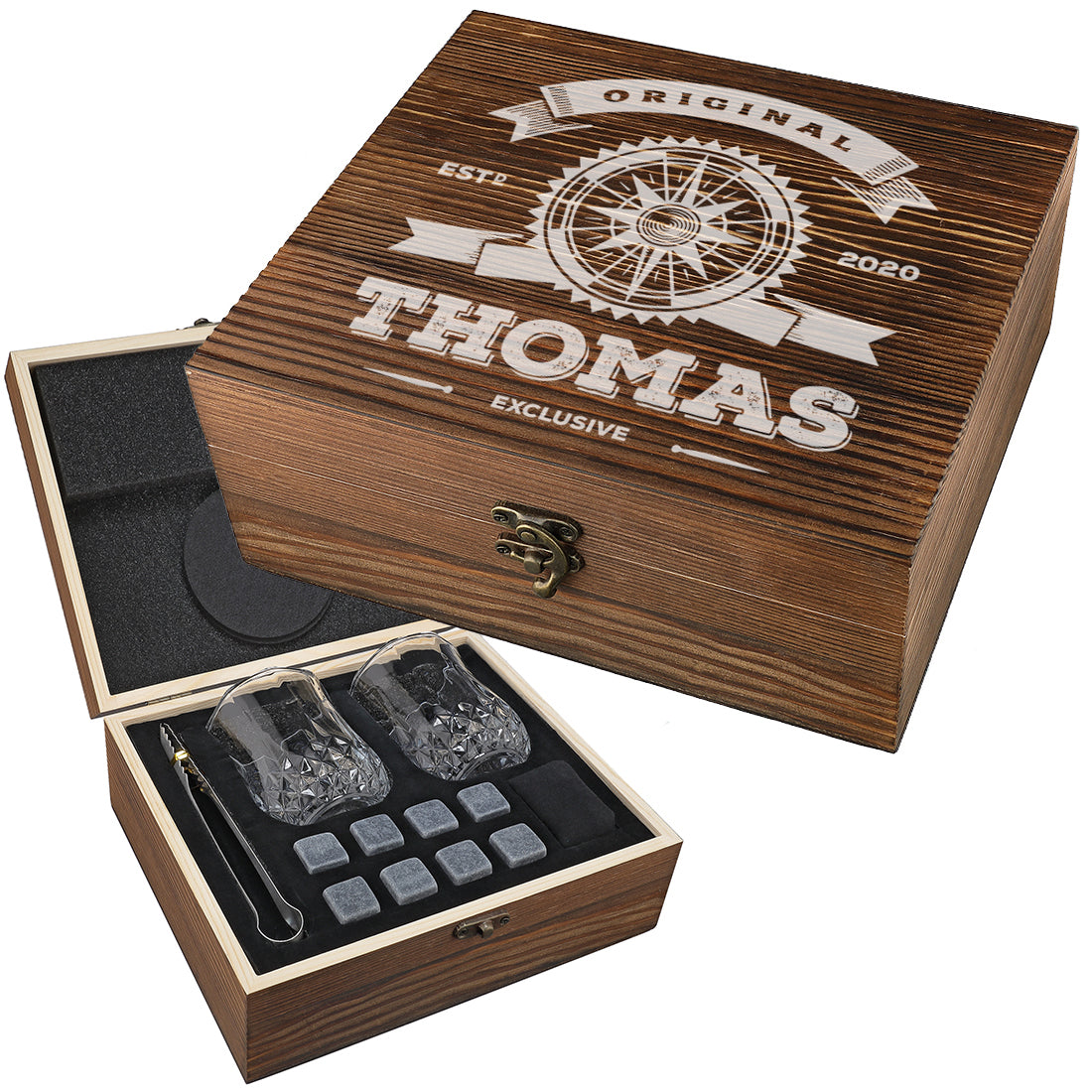 Whisky Kühlsteine Geschenkset mit gravierter Holzkiste - Motiv Kompass