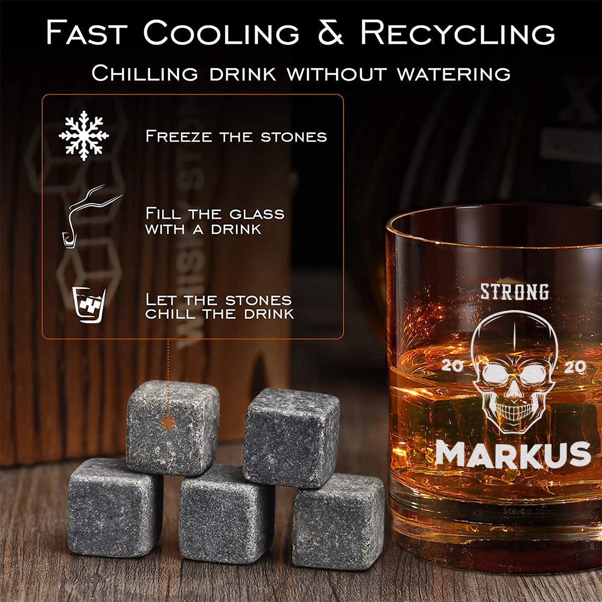Whisky Steine Set 5-TLG mit personalisiertes Whiskyglas und Holzbox - Motiv Totenkopf