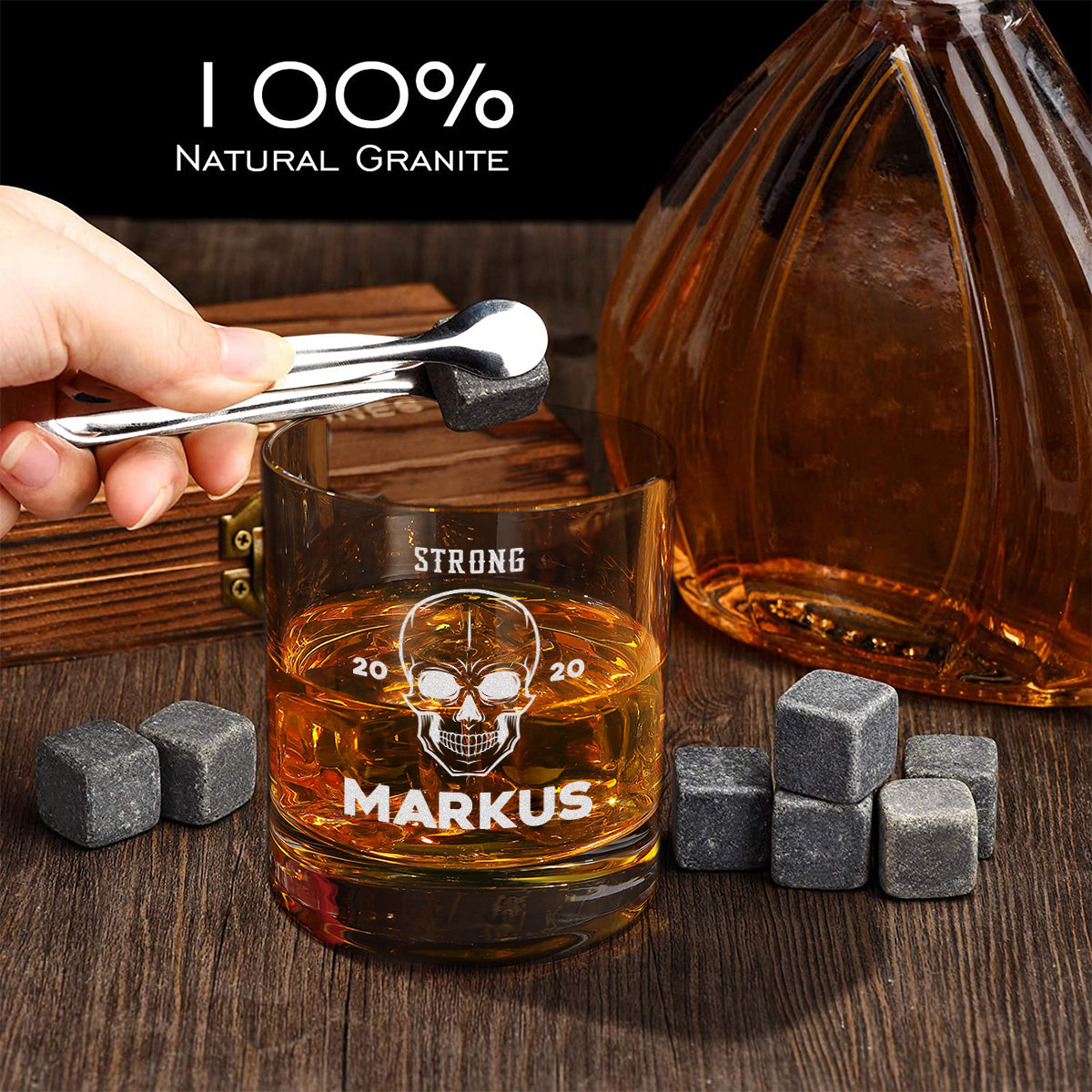 Whisky Steine Set 5-TLG mit personalisiertes Whiskyglas und Holzbox - Motiv Totenkopf