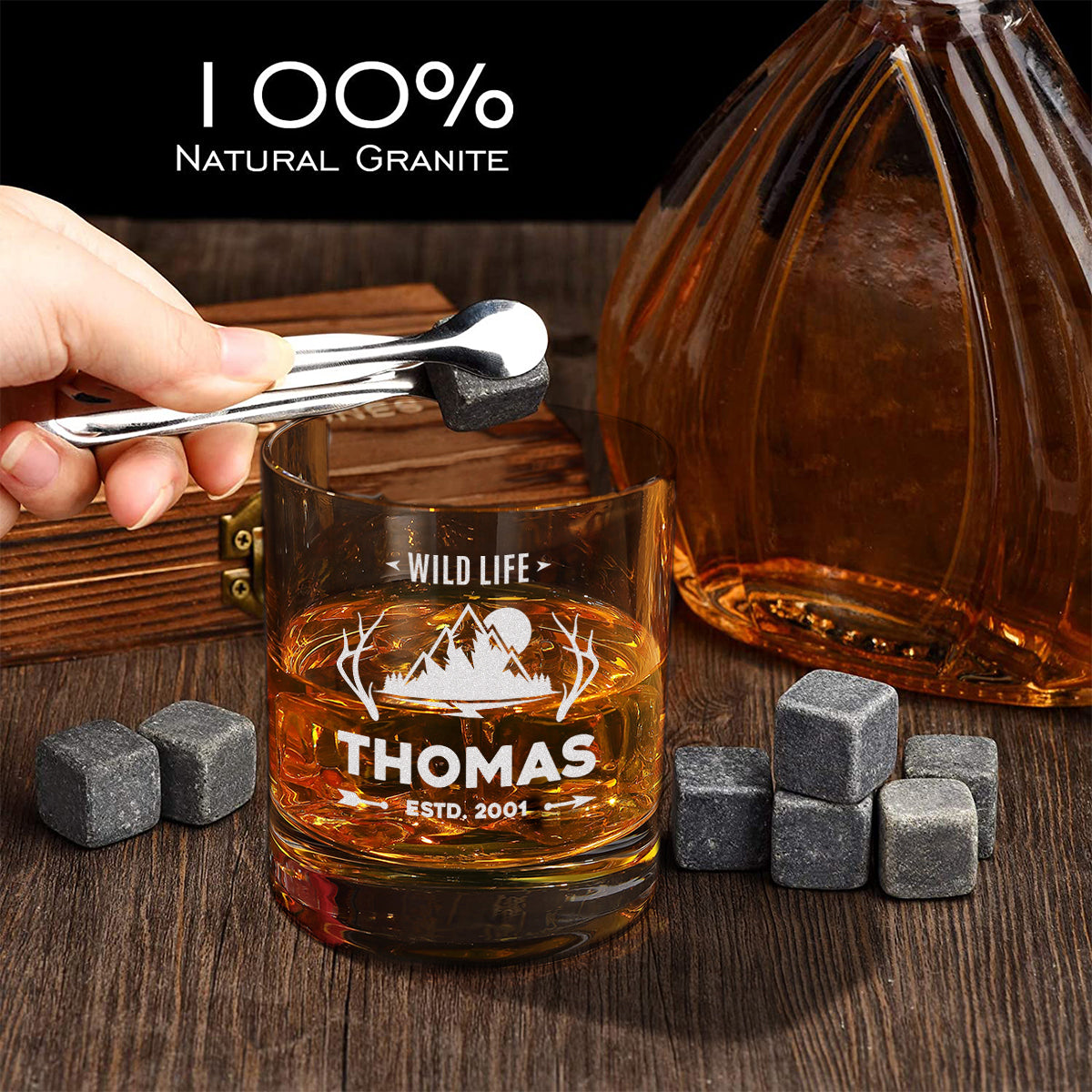 Personalisiertes Whisky-Set 5-tlg mit gravierter Holzkiste - Motiv Wildlife