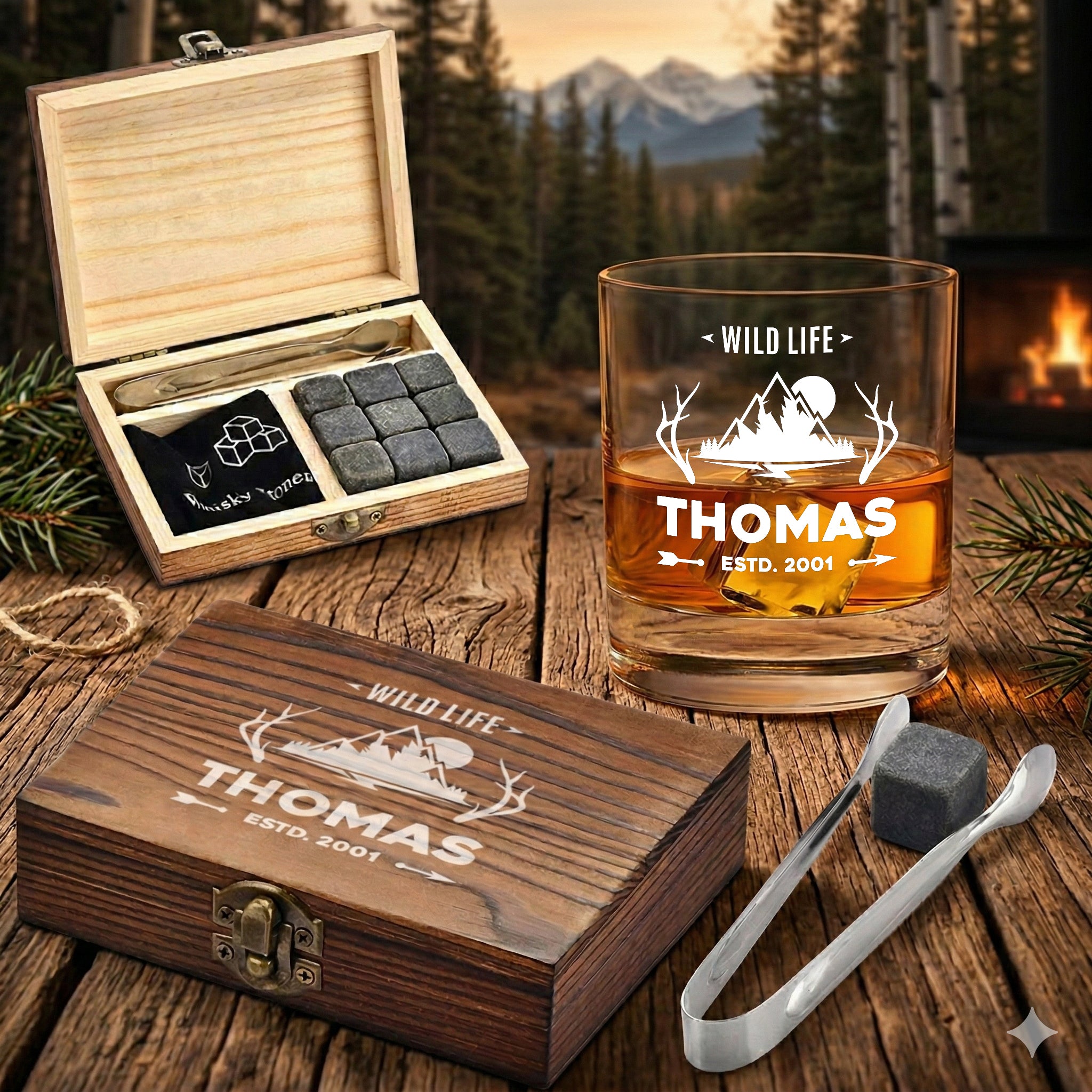 Personalisiertes Whisky-Set 5-tlg mit gravierter Holzkiste - Motiv Wildlife