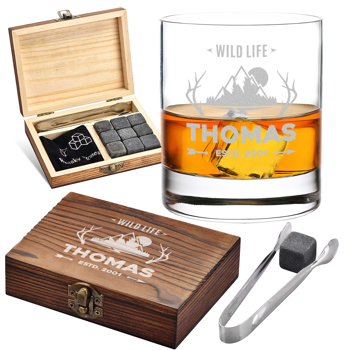 Personalisiertes Whisky-Set 5-tlg mit gravierter Holzkiste - Motiv Wildlife