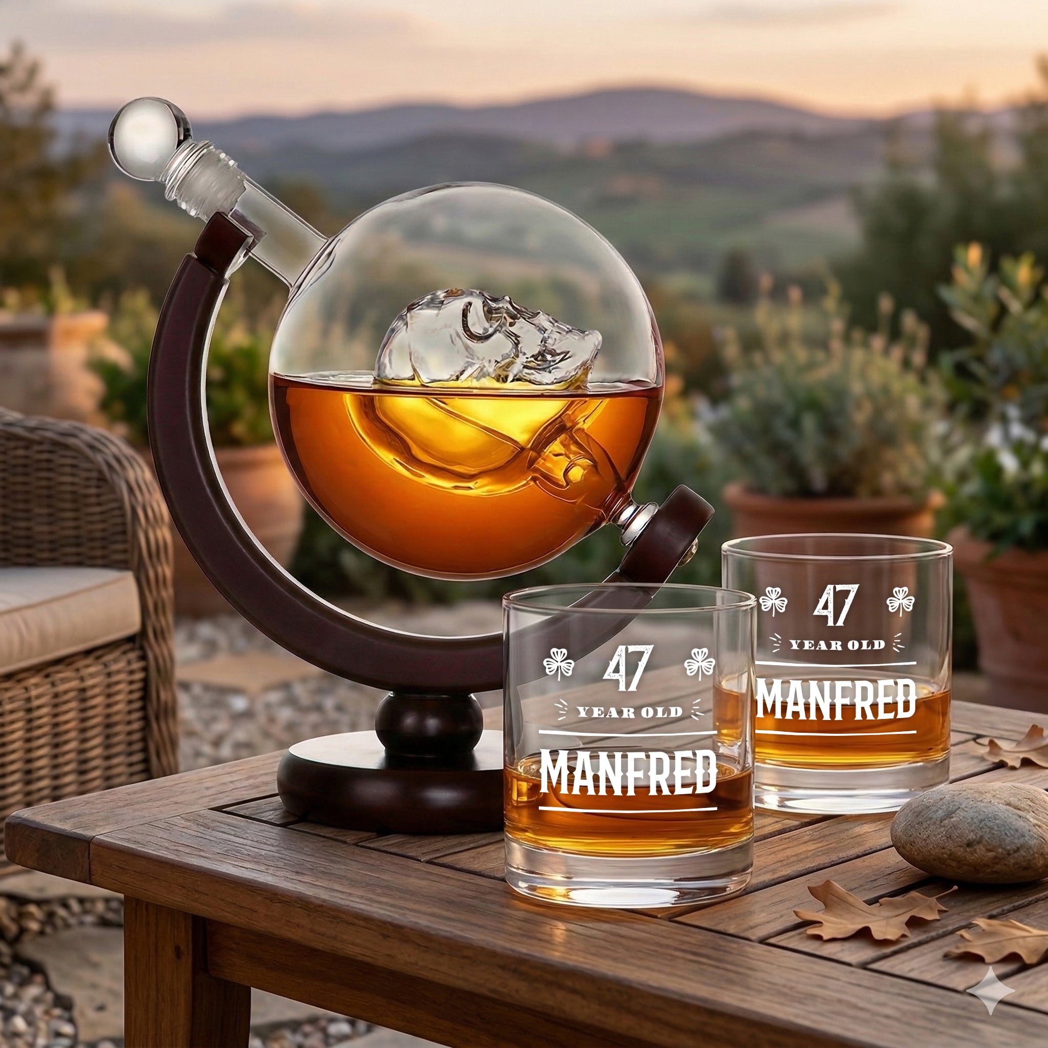 2-tlg Set Totenkopf Dekanter 850 ml & Whiskygläser 320 ml mit Gravur - Jubiläumsgeschenk