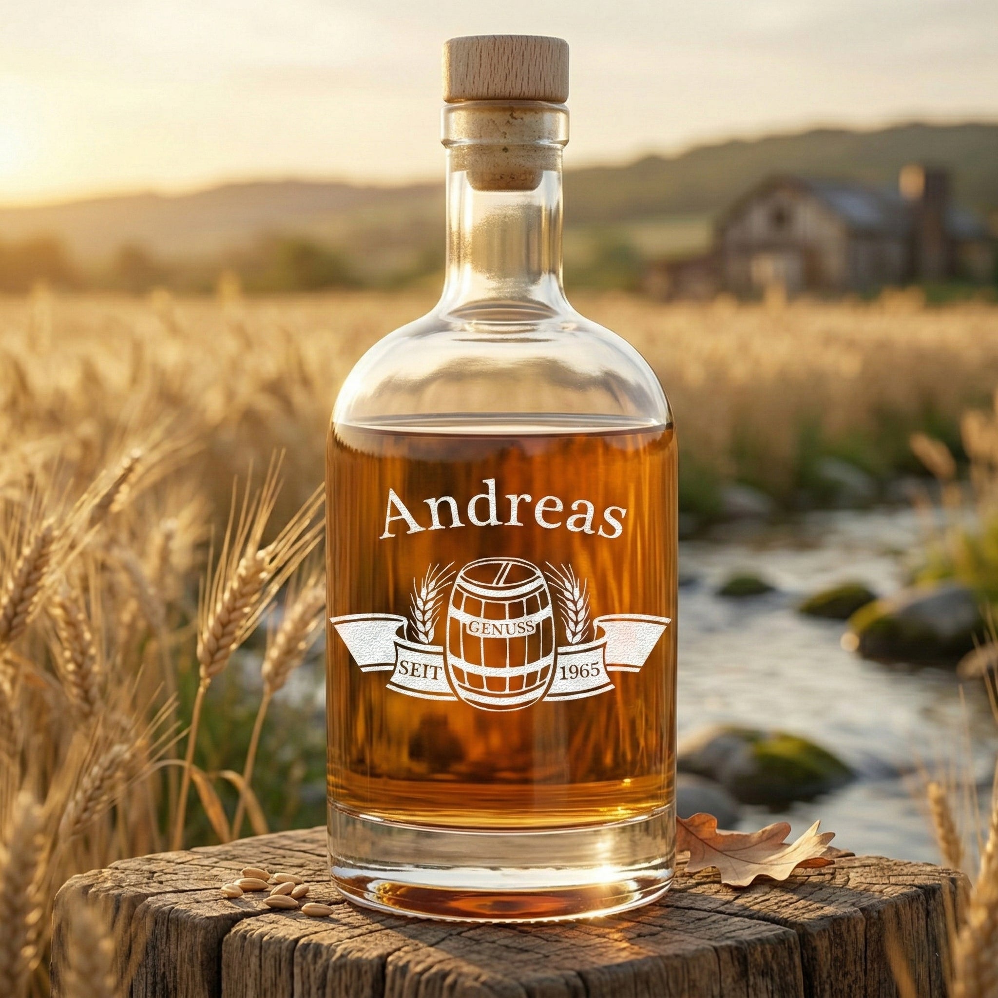 Whisky Flasche 700 ml mit Gravur "Fass im Banner" - ideal als Geschenk