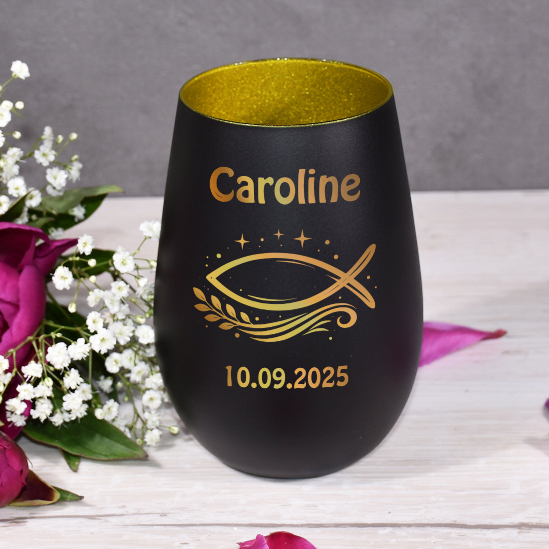 Teelichthalter Glas schwarz gold personalisiert mit Wunschtext Konfirmation Geschenk