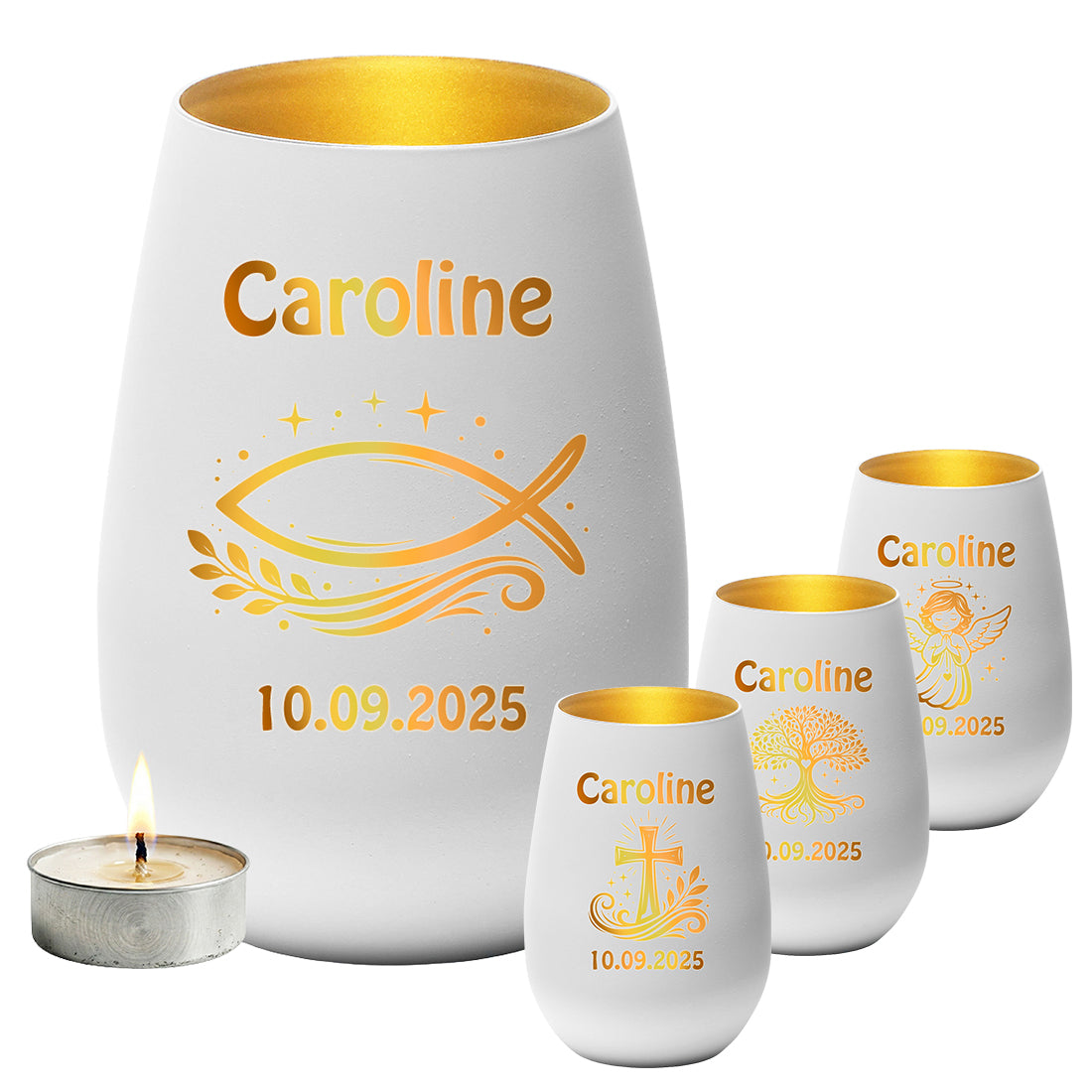 Personalisiertes Windlicht in Matt-Weiß und Gold mit Gravur Name Caroline und Taube.