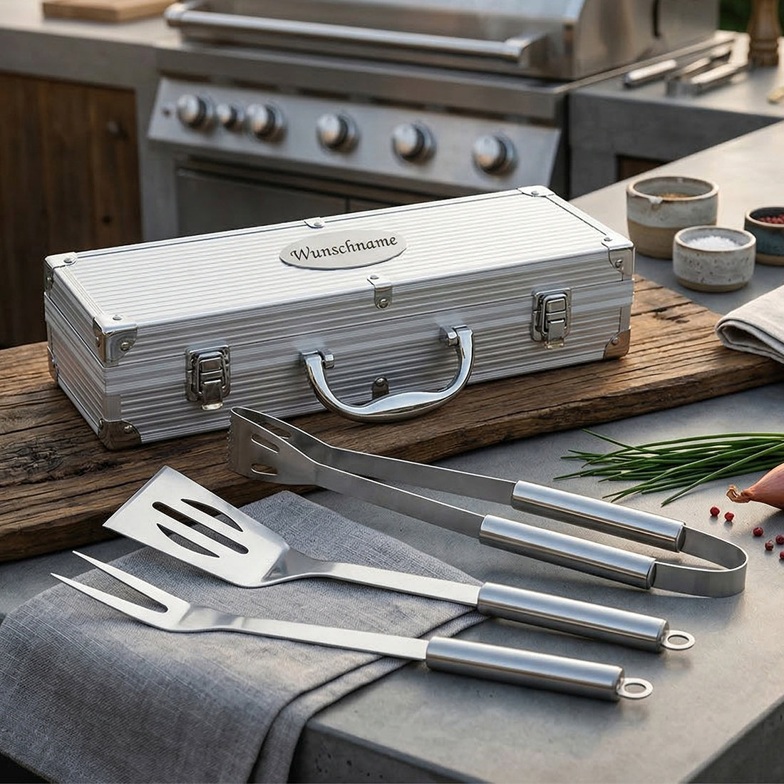 Grillset mit Gravur | 4-teilig Edelstahl | Grillkoffer personalisiert