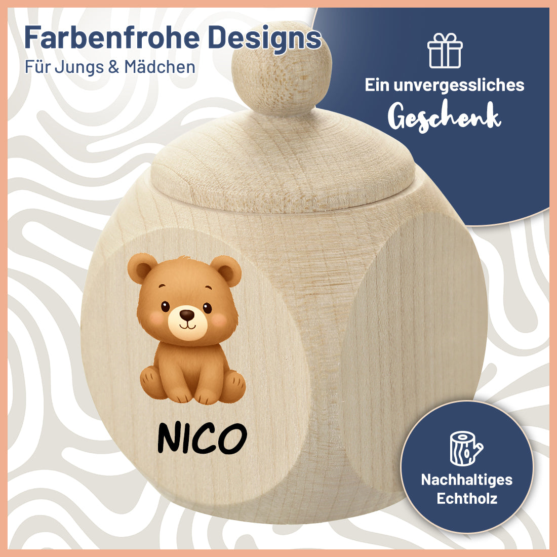 Personalisierte Zahndosen aus echtem Ahornholz mit Zebra, Panda, Löwe, Elefant und weiteren Tiermotiven.