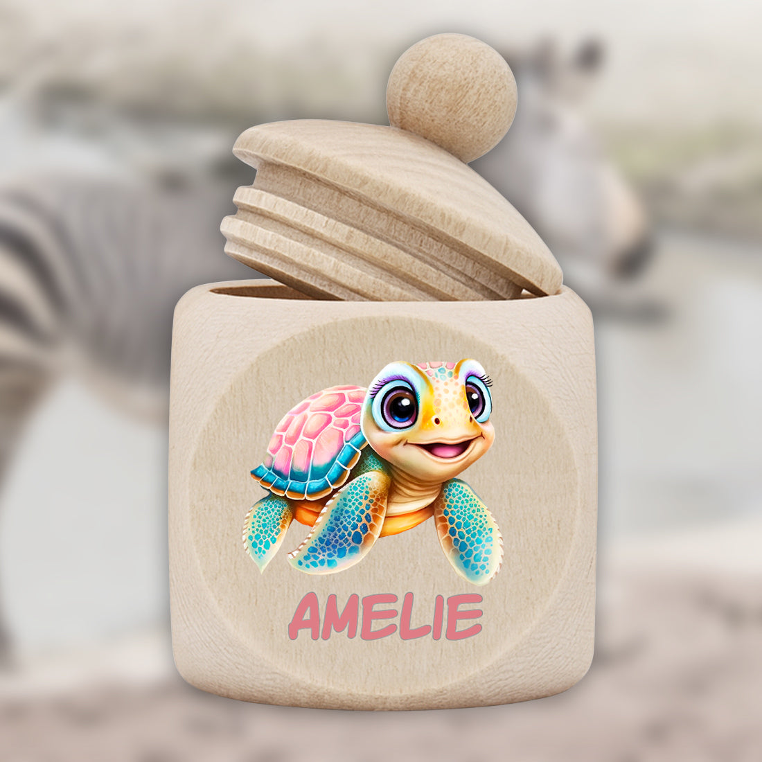 Rosa Schildkröte Motiv auf personalisierter Zahndose für Kinder