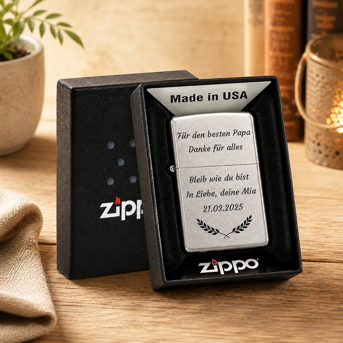 Personalisiertes Zippo Feuerzeug mit Gravur für Papa in Zippo Geschenkbox