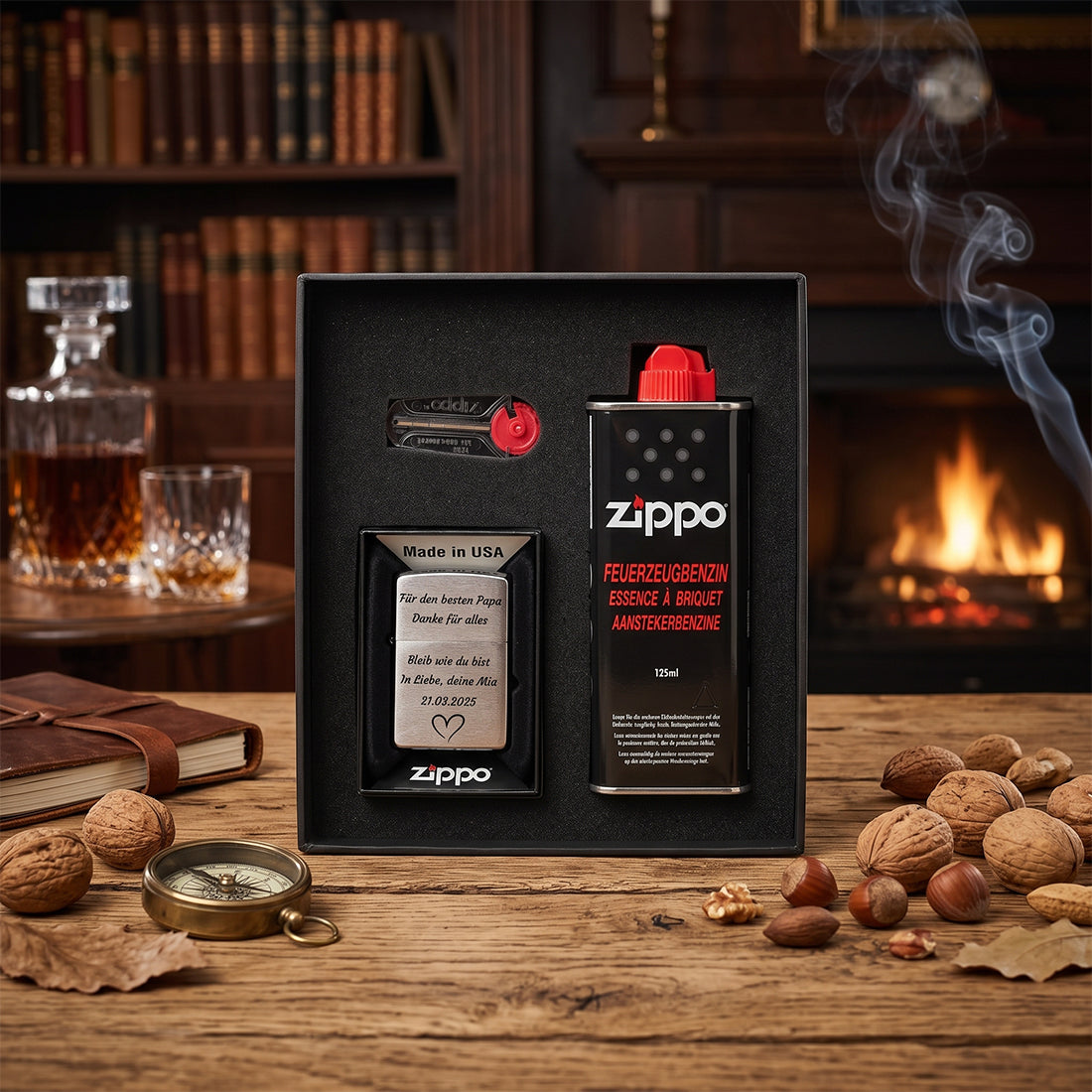 Personalisiertes Zippo Feuerzeug mit Zubehör im Geschenkset vor einem Kamin