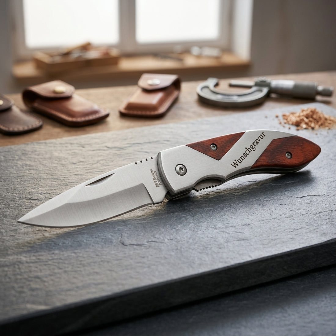 Klappmesser mit Gravur - Taschenmesser inkl. Holzgriff & Güreletui