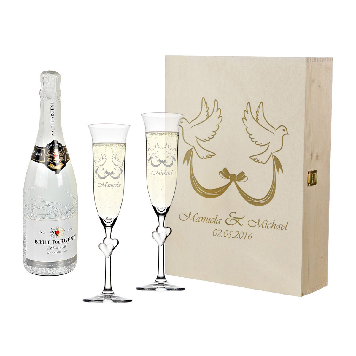 4tlg. Sekt Geschenkset mit Gravur Sekt Flasche Hochzeit